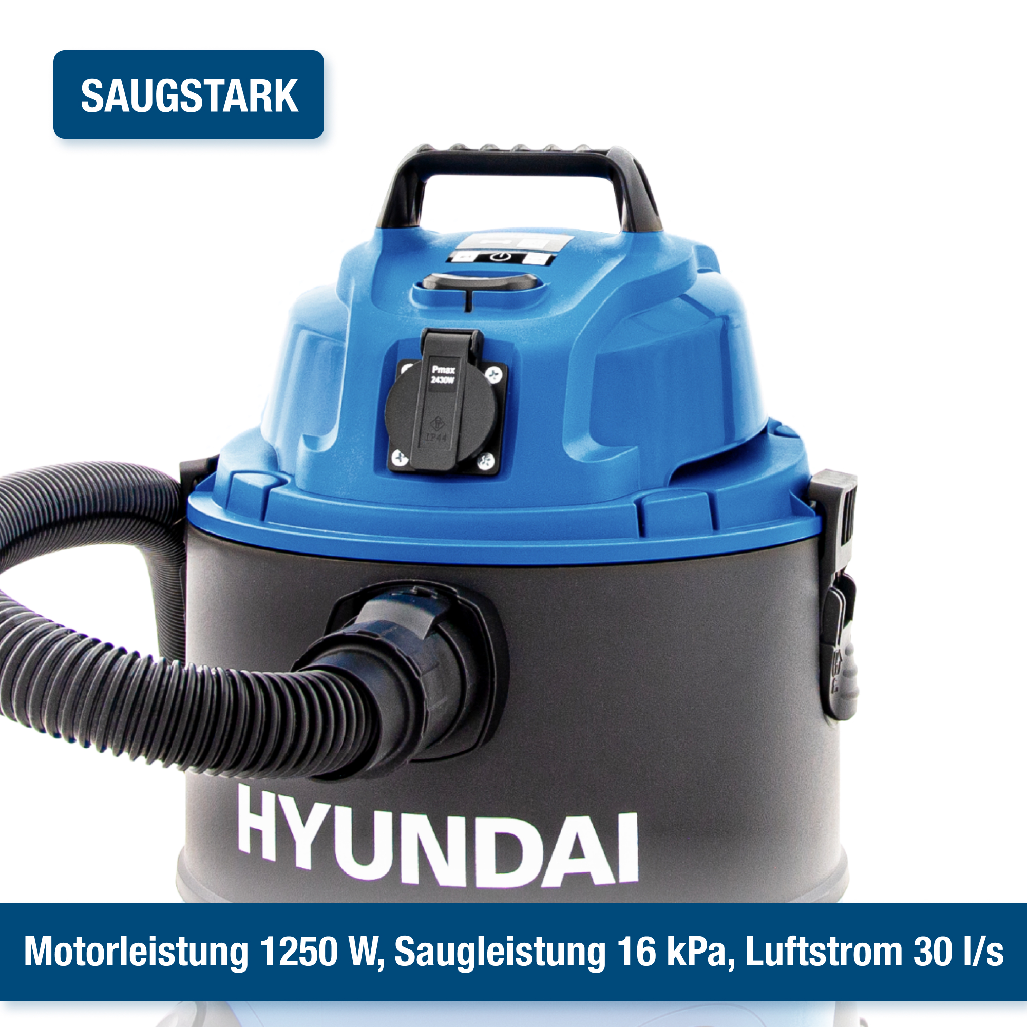 Blau-schwarzer Staubsauger, Marke Hyundai, weißer Hintergrund.