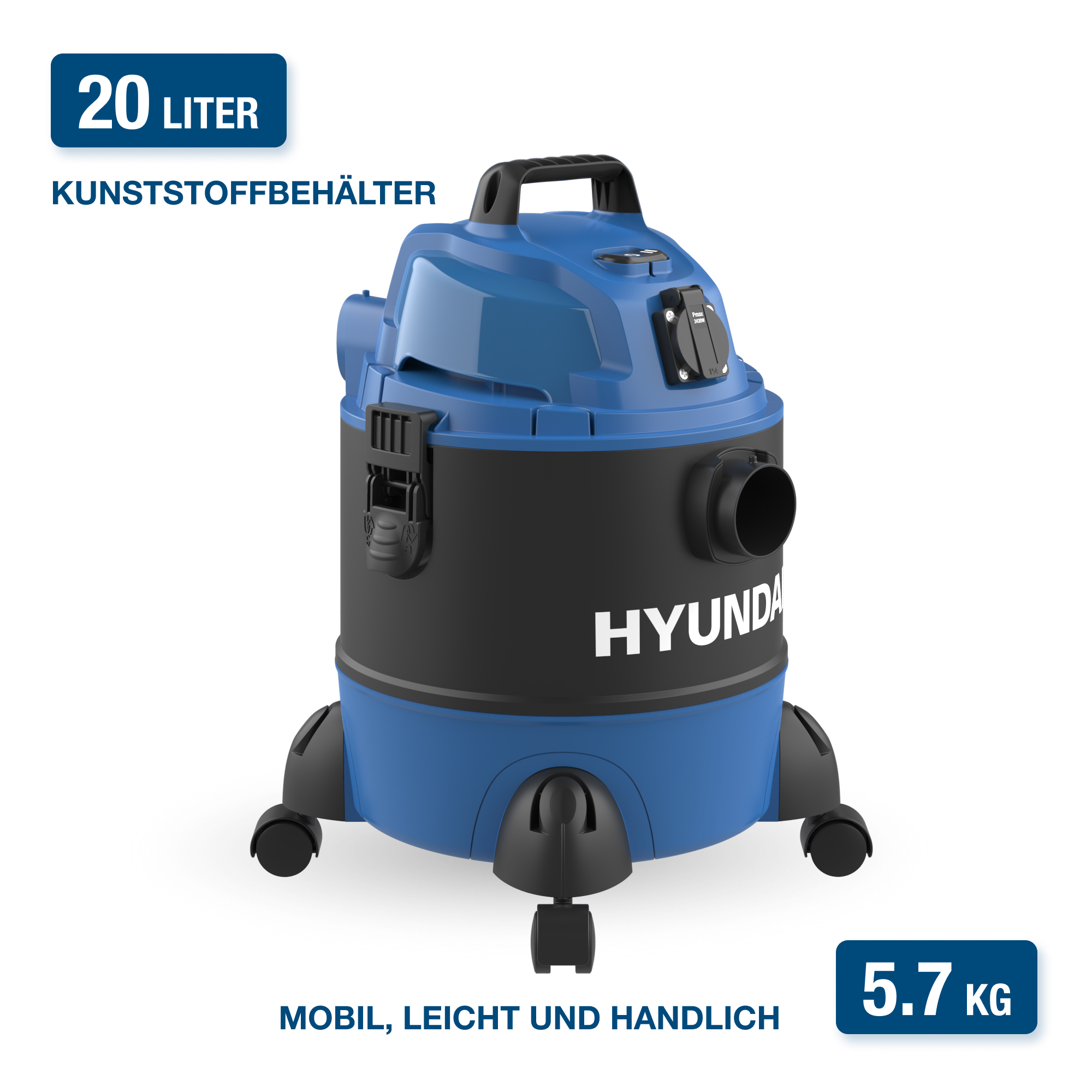 Blau-schwarzer Staubsauger, auf Rädern, mit Text und 5,7 KG-Label.