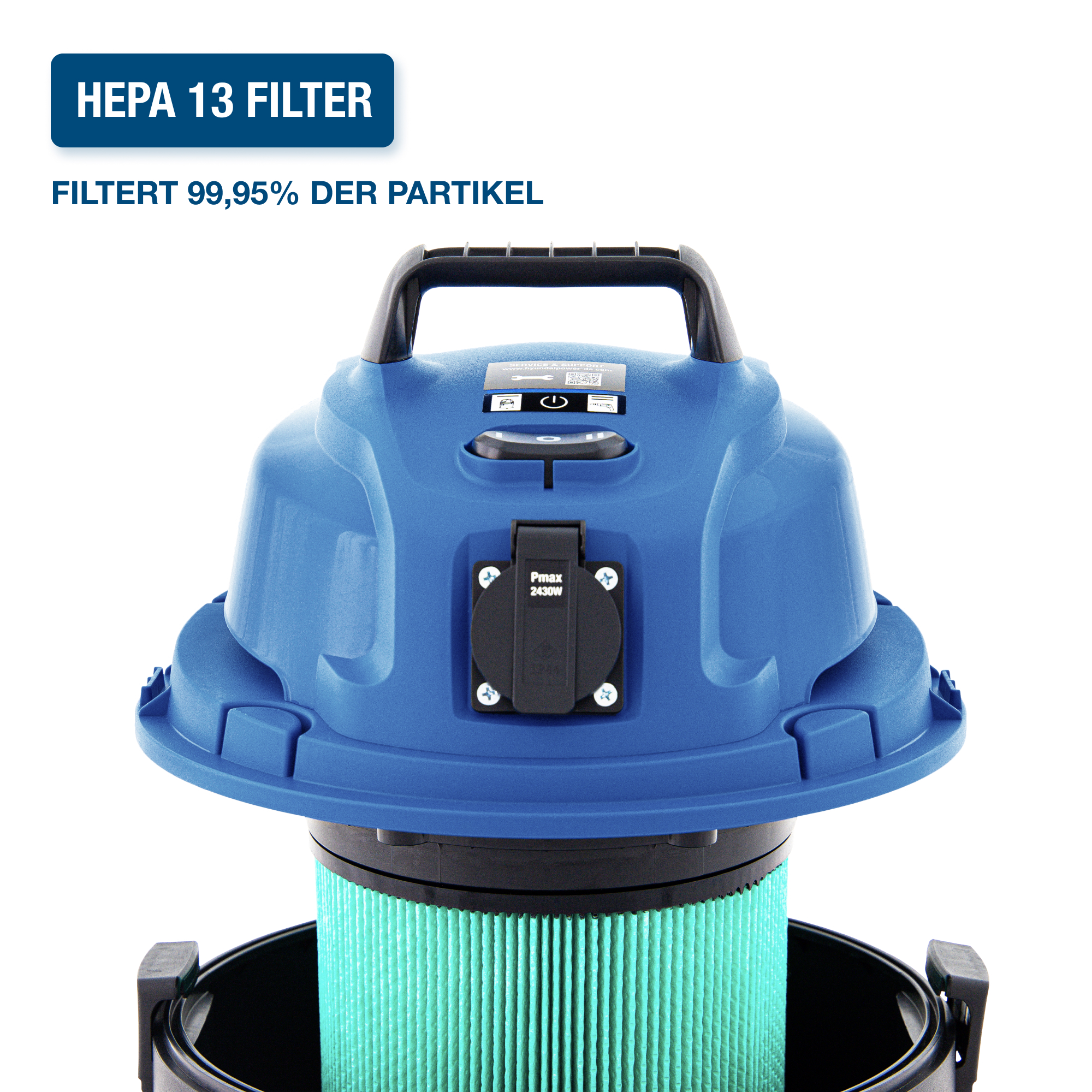 Blauer Staubsaugerkopf mit HEPA 13 Filter sichtbar. Es steht 'FILTERT 99,95% DER PARTIKEL'.