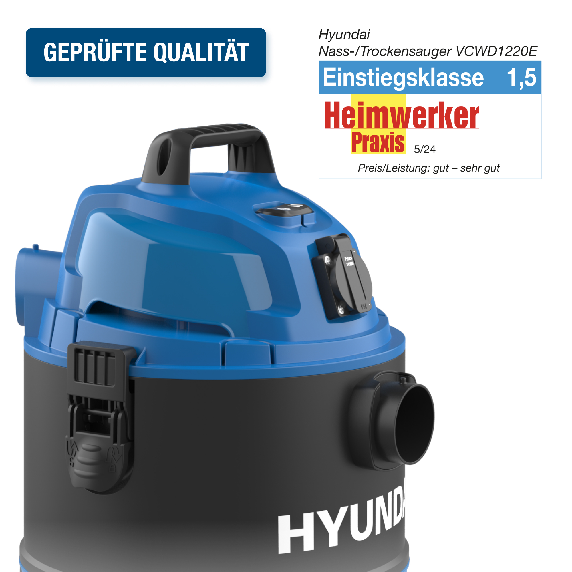Ein blau-schwarzer Hyundai Nass- und Trockensauger mit Text und Qualitätsauszeichnung.