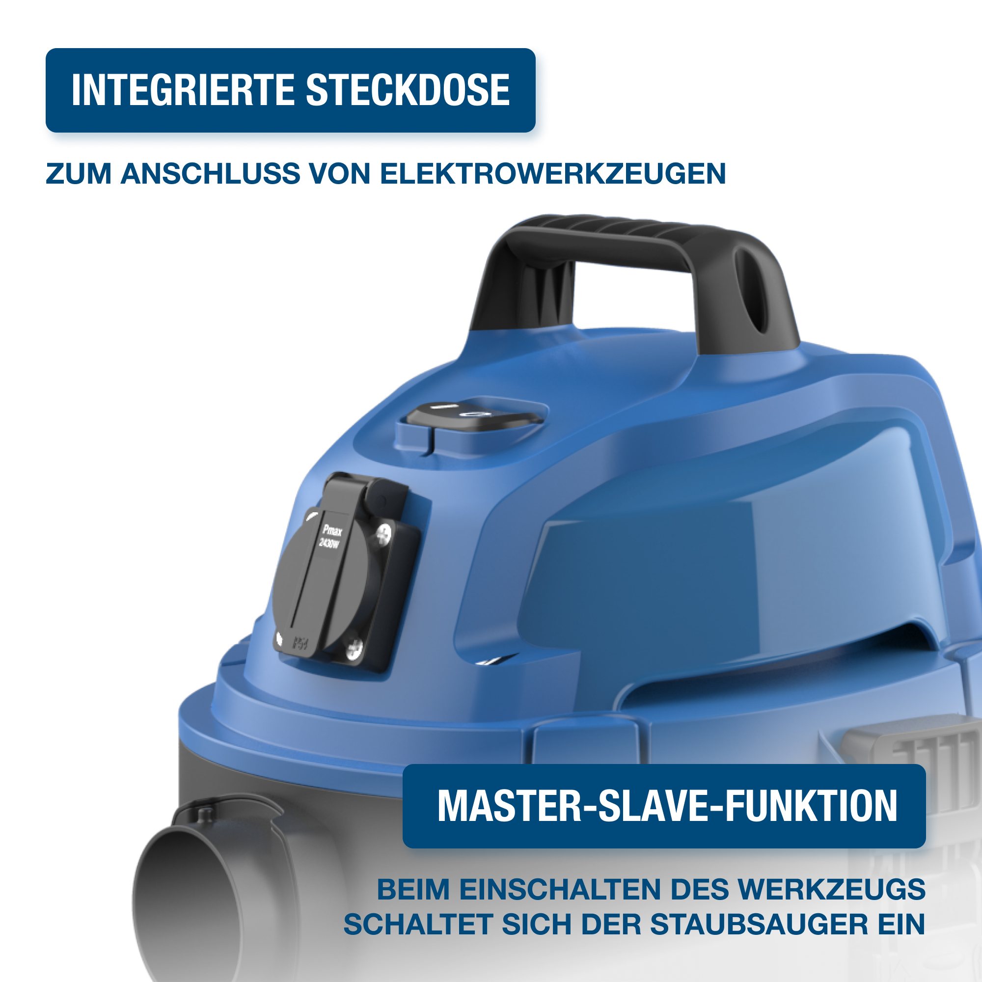 Blauer Staubsauger mit schwarzem Griff und integrierter Steckdose. Text unten.