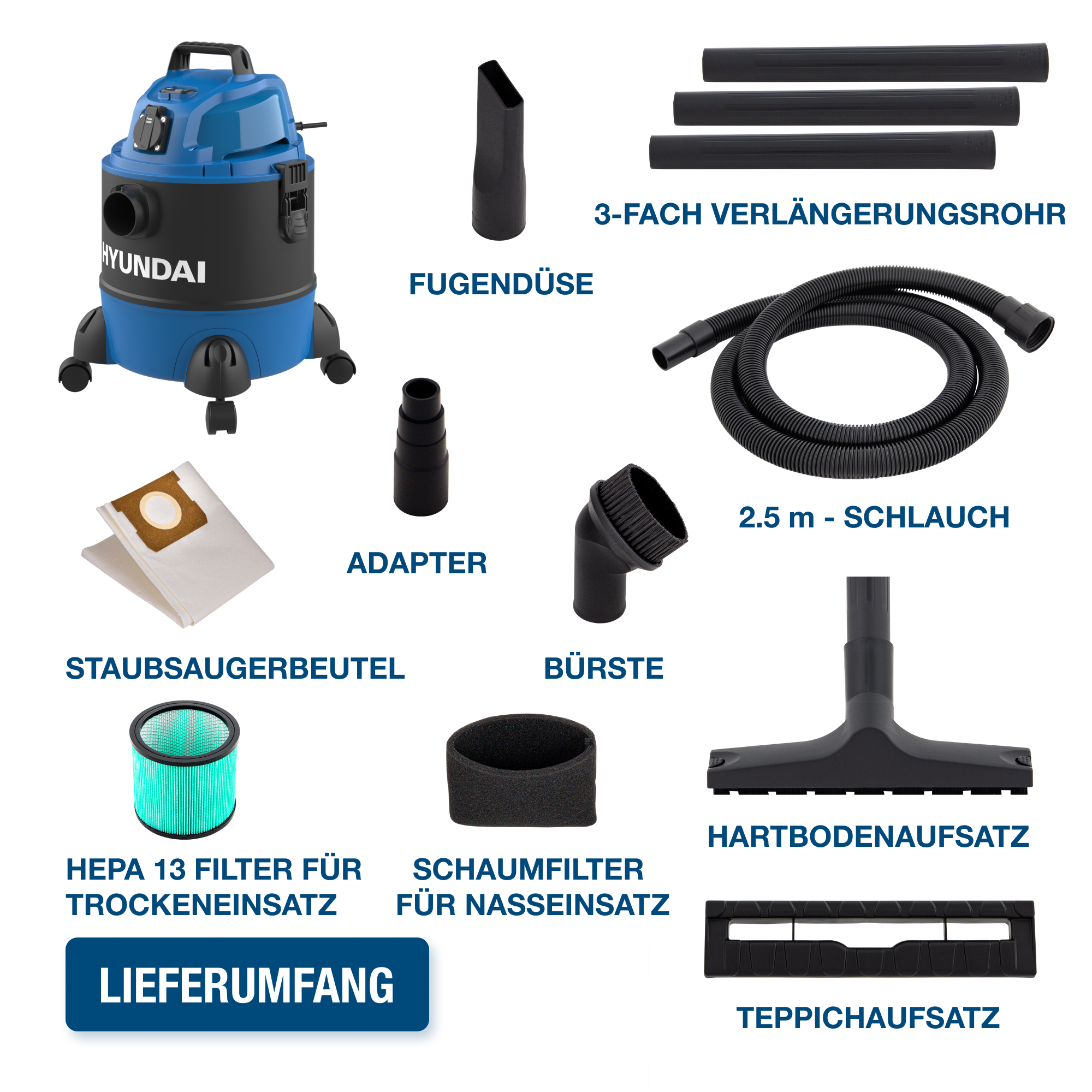 Blau-schwarzer Staubsauger mit verschiedenen Aufsätzen, Filtern und einem Schlauch. Weißer Hintergrund.