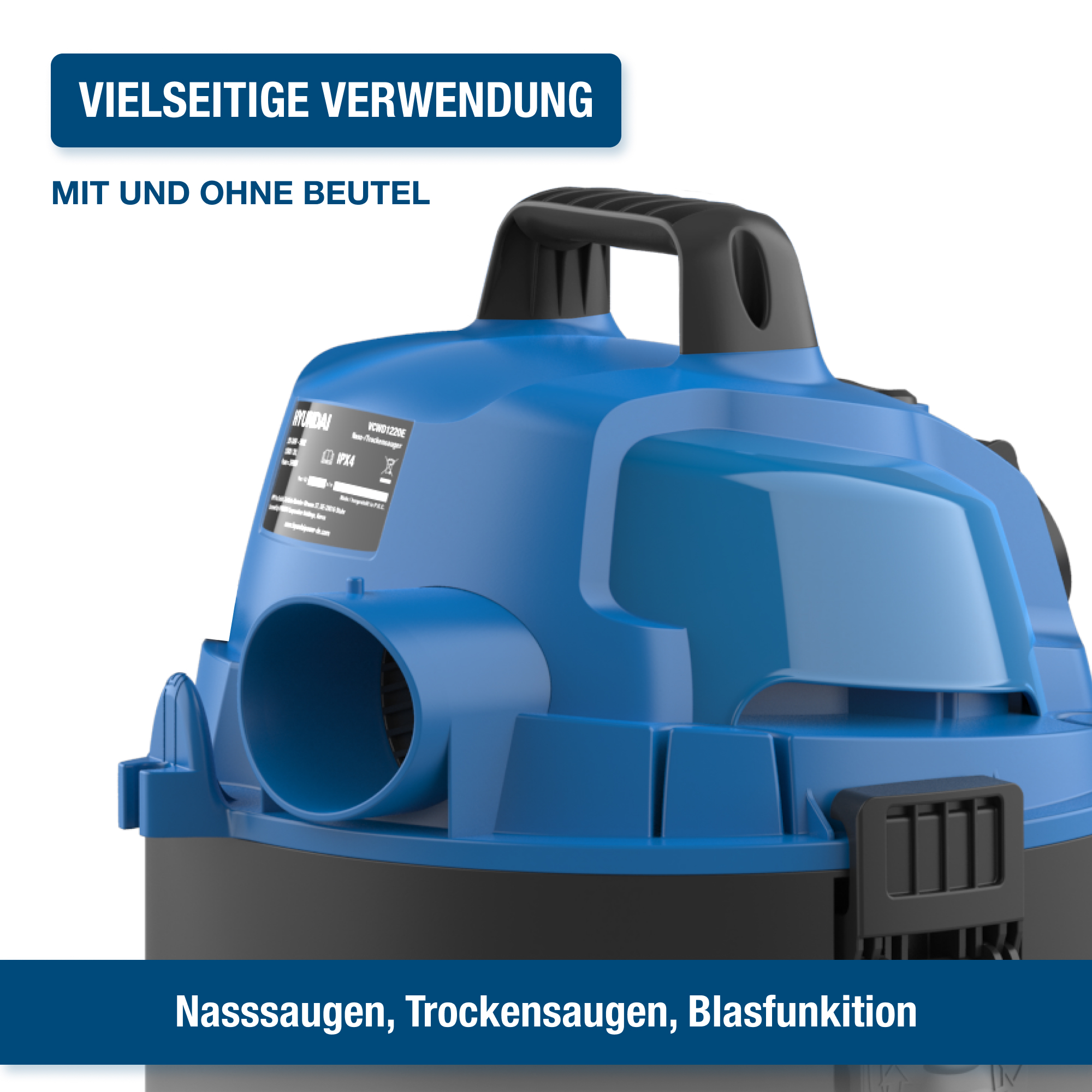 Blau-schwarzer Staubsauger mit Griff.