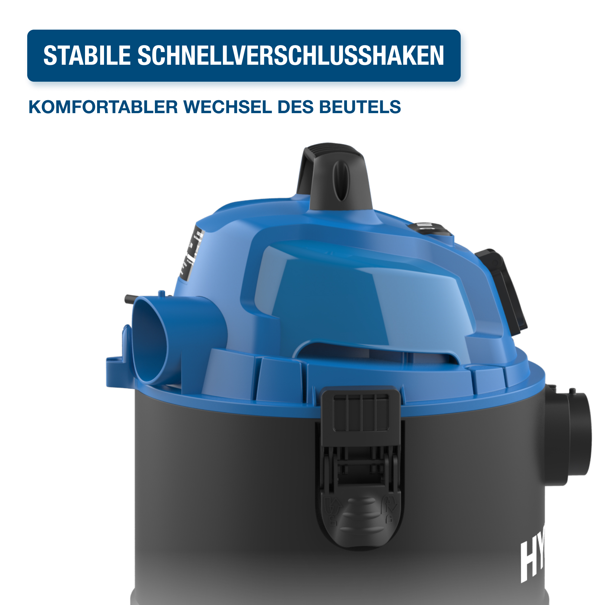 Nahaufnahme eines blau-schwarzen Staubsaugers, der seinen oberen Teil mit Text über Funktionen zeigt.
