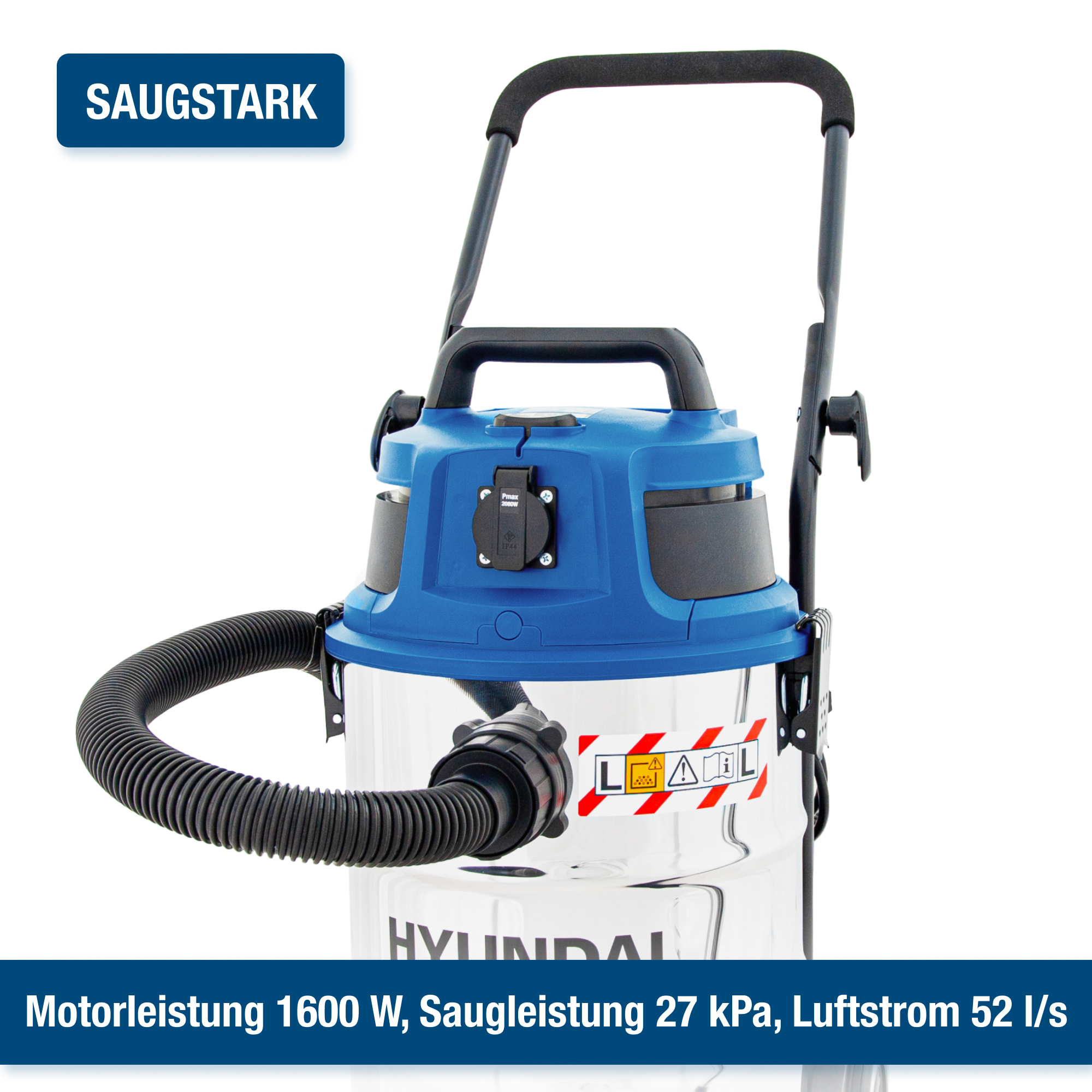Ein blauer Staubsauger mit einem schwarzen Schlauch. Der Staubsauger hat einen transparenten Behälter und einen blauen Deckel.