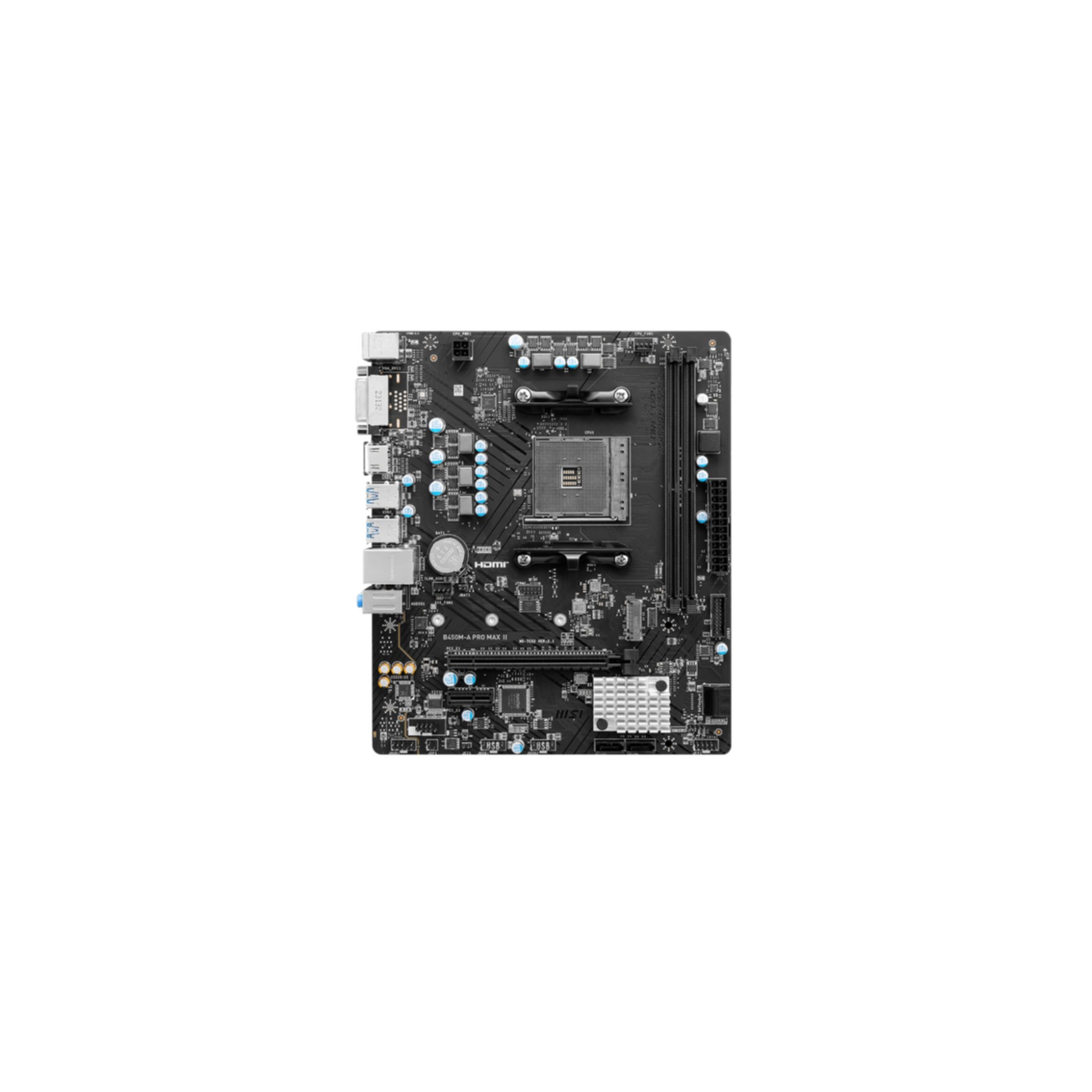 Una placa base de computadora negra y gris con muchos componentes.