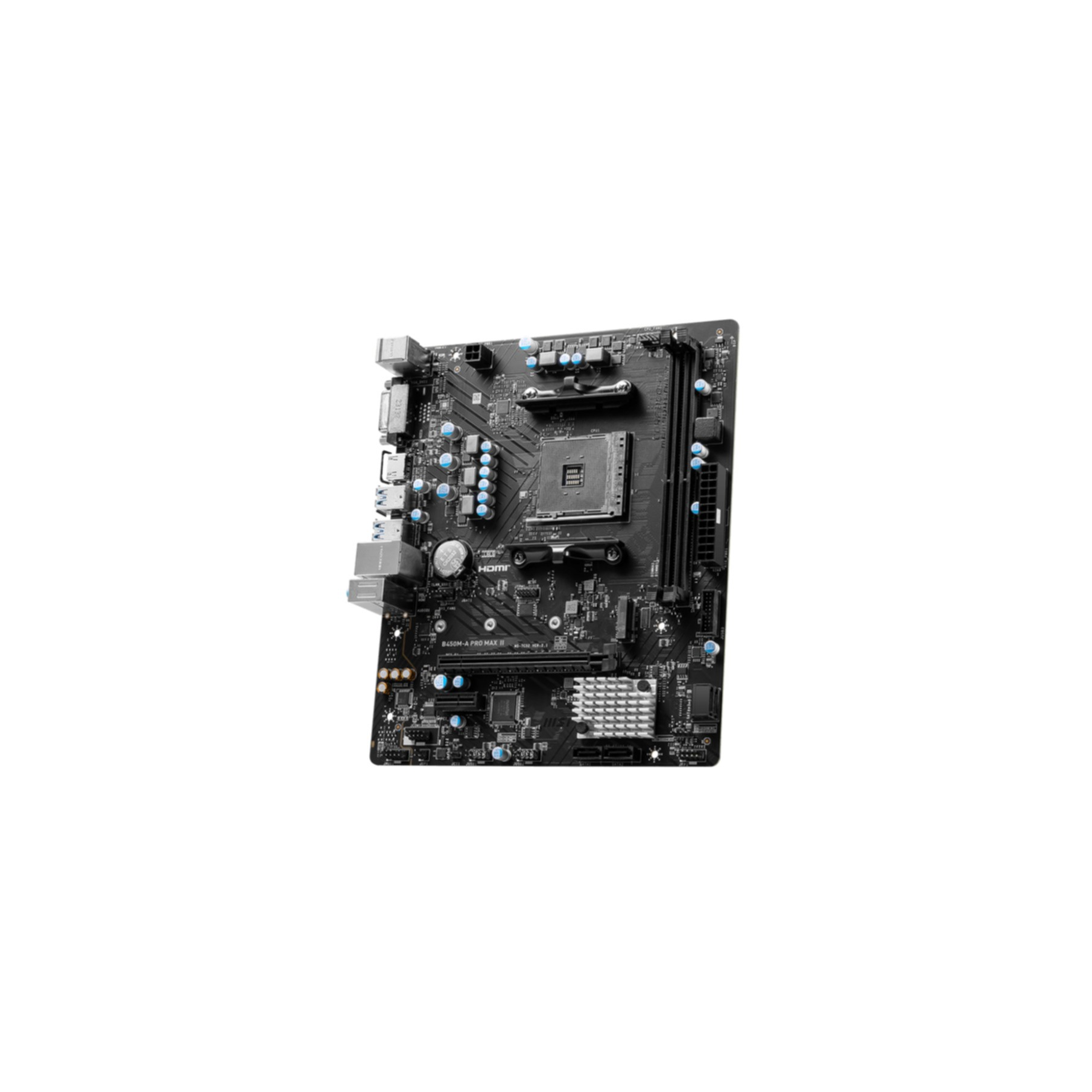 Placa base negra con varios componentes y puertos, aislada sobre fondo blanco.