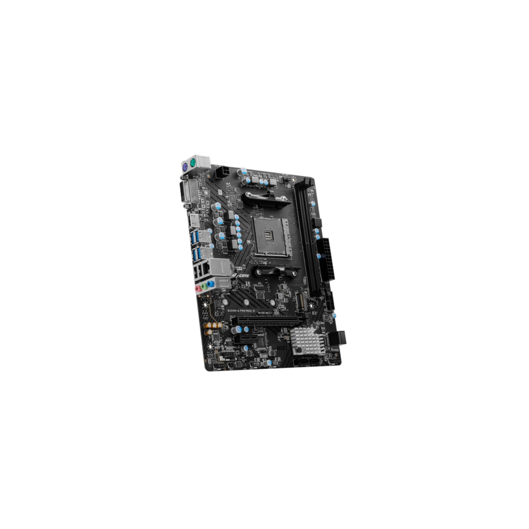 Una placa base de computadora negra sobre un fondo blanco. Tiene varios componentes.