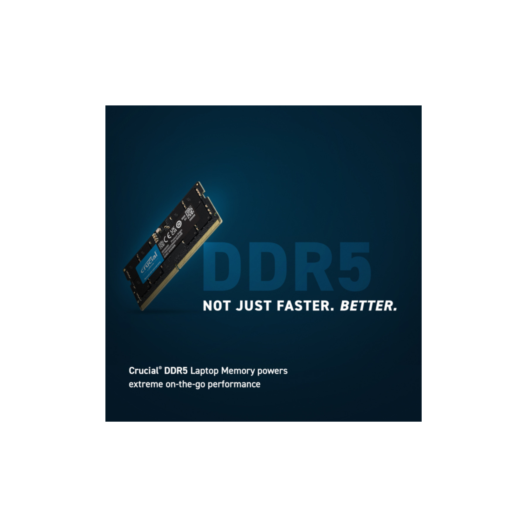 Módulo RAM Crucial DDR5 azul, con texto 'DDR5' y 'NOT JUST FASTER. BETTER.'
