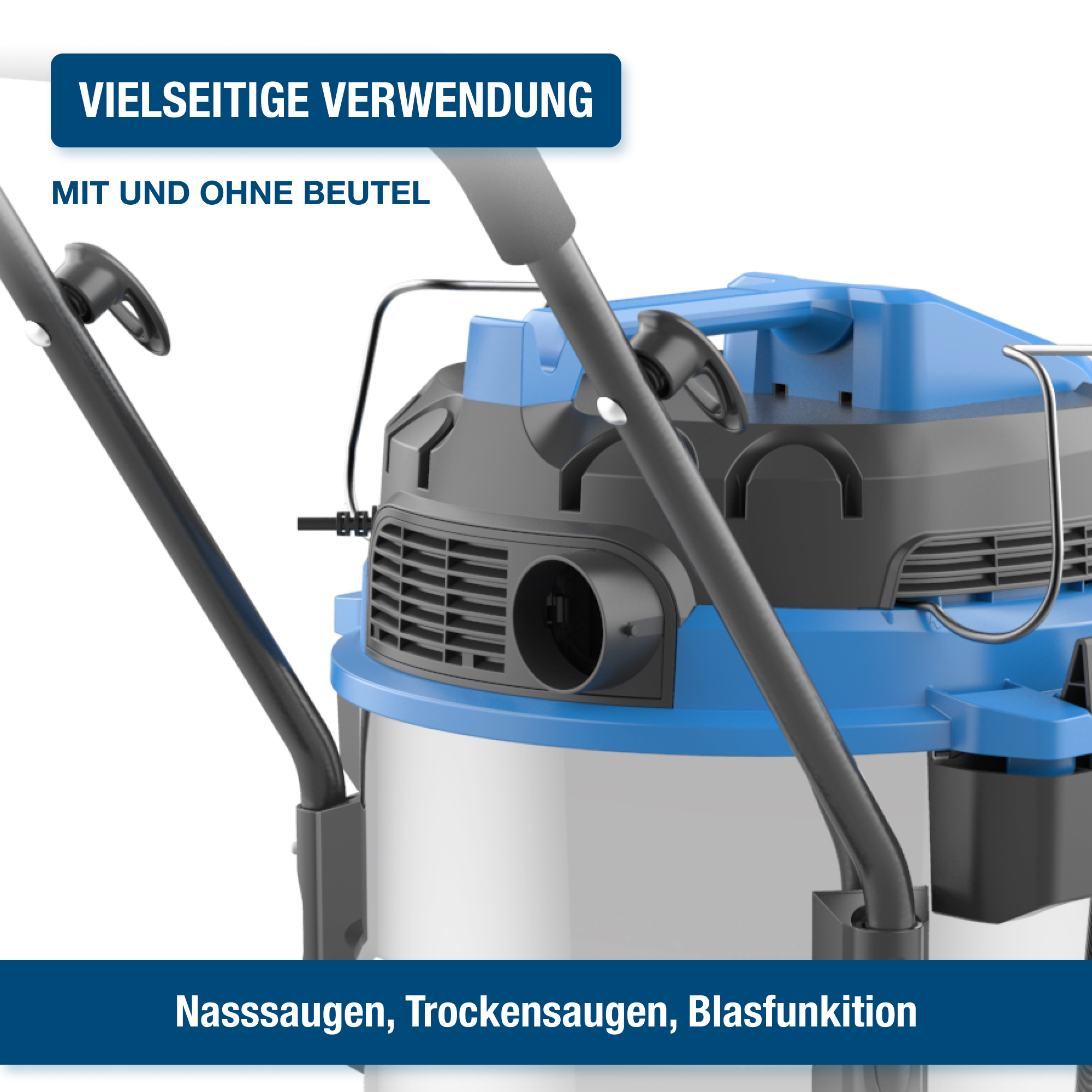 Staubsauger mit blauen und grauen Akzenten, mit deutschem Text.