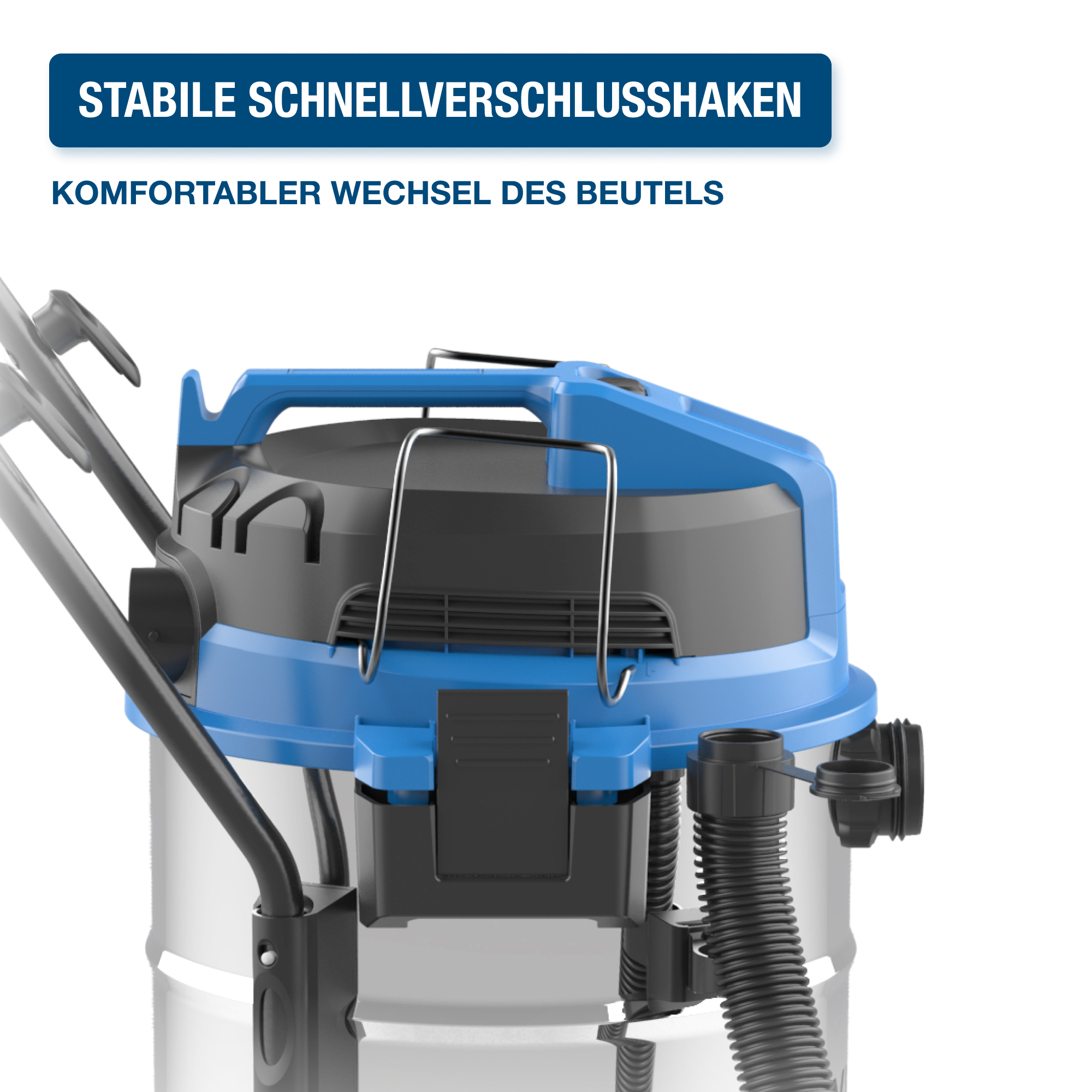 Blau-schwarzer Nass-Trocken-Staubsauger. Oben ist ein Griff und ein Schlauch.