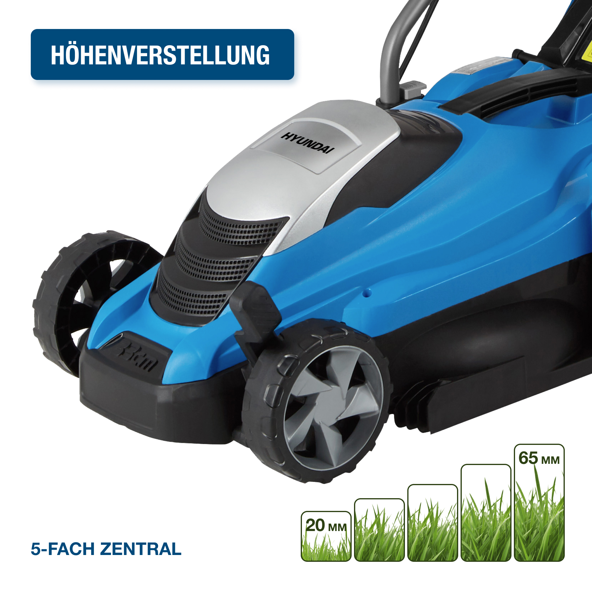 Blau-schwarzer Hyundai Rasenmäher. Grafische Höhenverstellung mit Grashöhenanzeigen und 5-fach zentral.