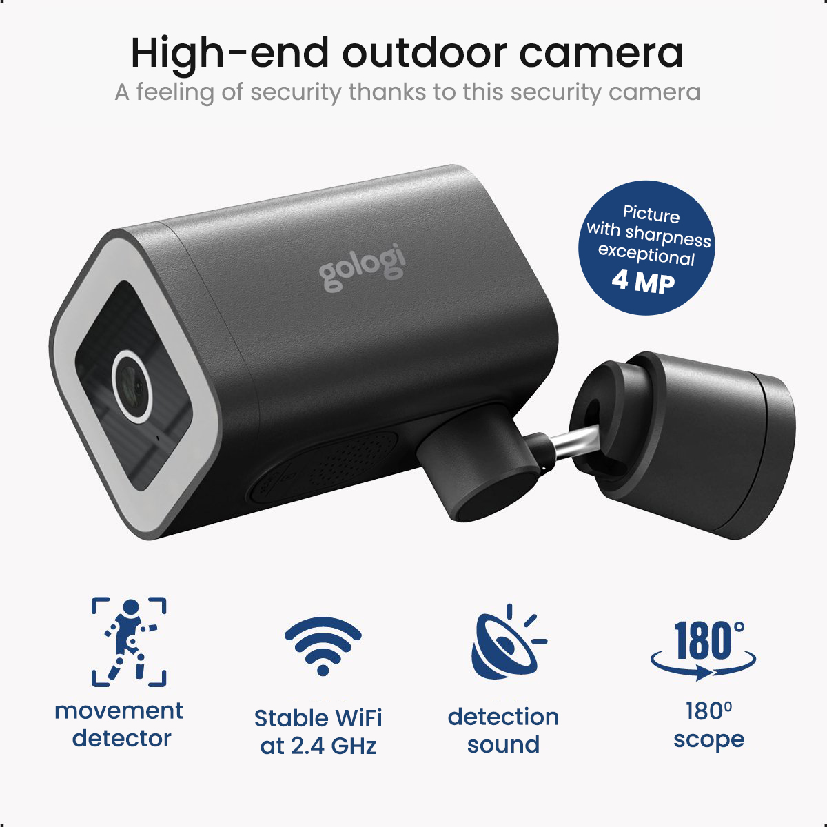 Schwarze Outdoor-Überwachungskamera mit 180° Reichweite. Text erwähnt Bewegungsmelder.