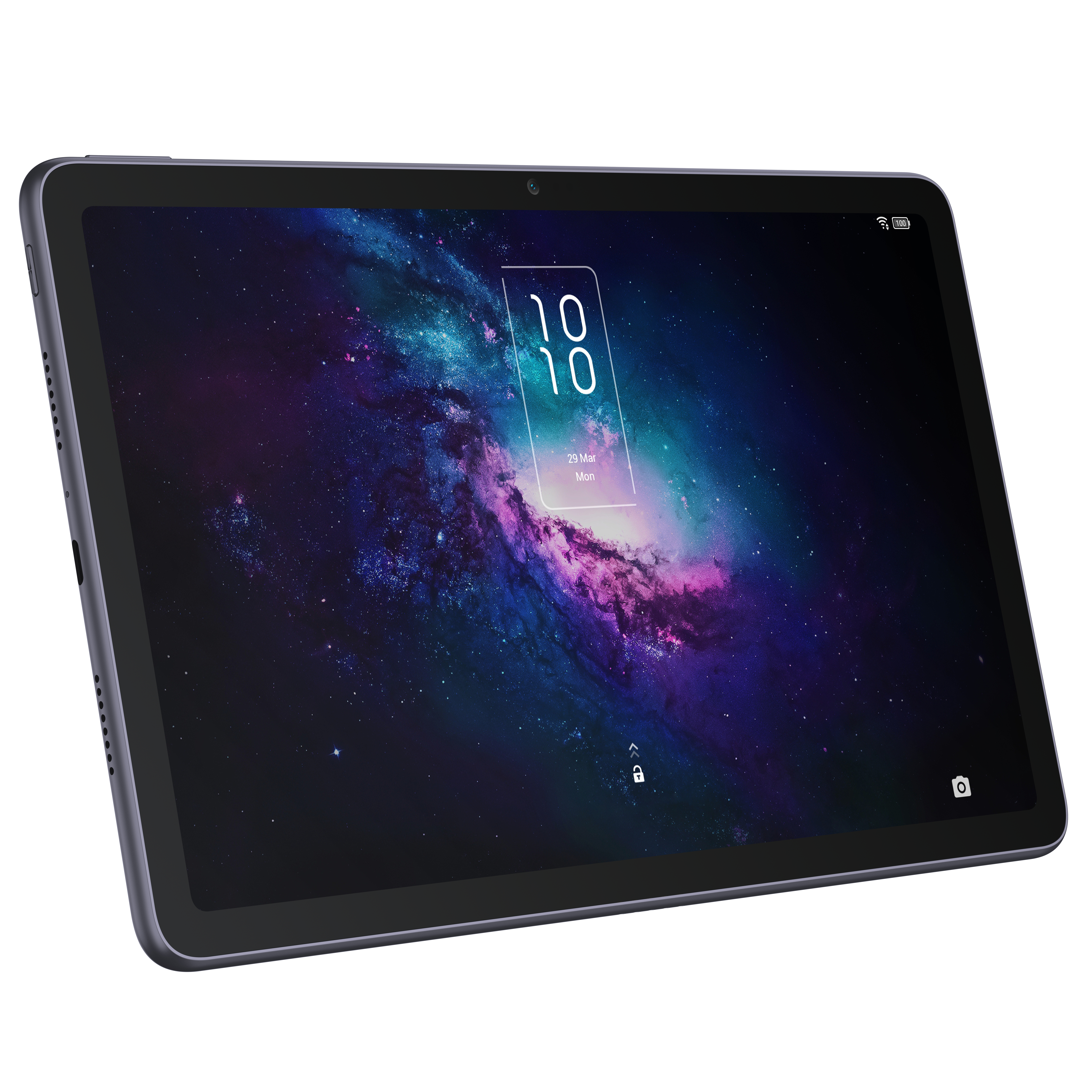 Una tableta con un vibrante fondo de pantalla de galaxia se muestra.
