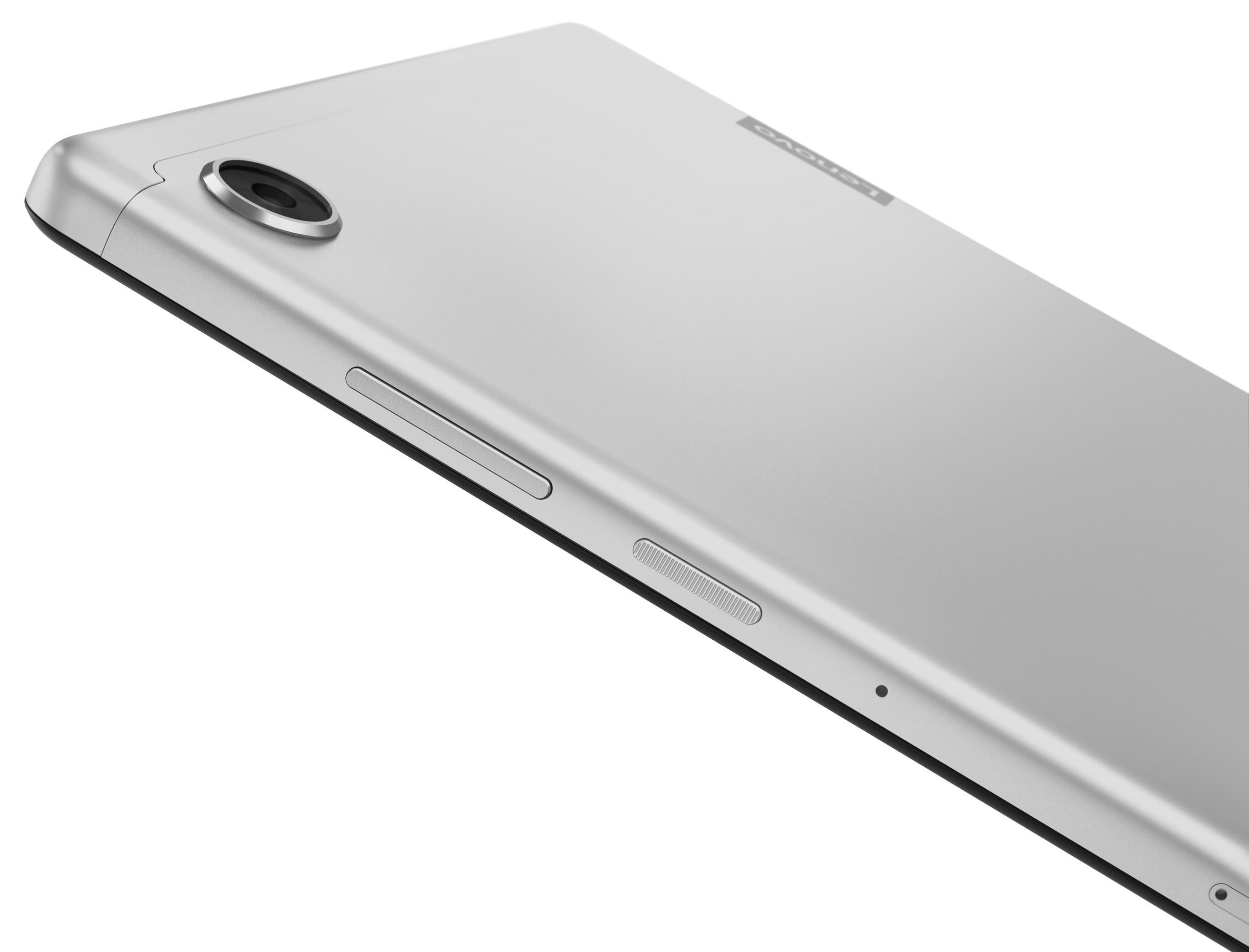 Silbernes Tablet mit Kamera und Knöpfen. Lenovo ist aufgedruckt.