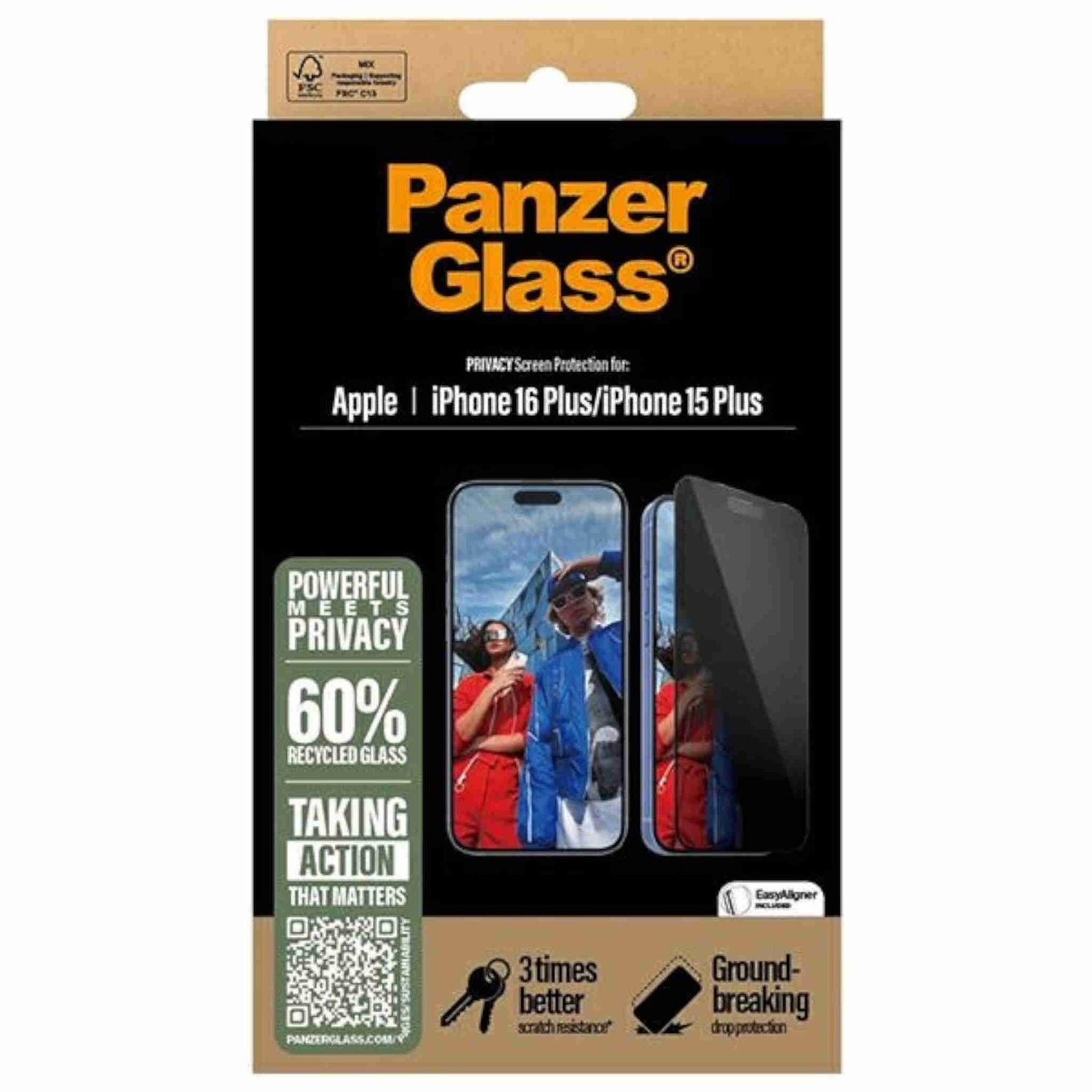 Siyah ve kahverengi PanzerGlass iPhone ekran koruyucu kutusu, telefon resimleri ve metinle.