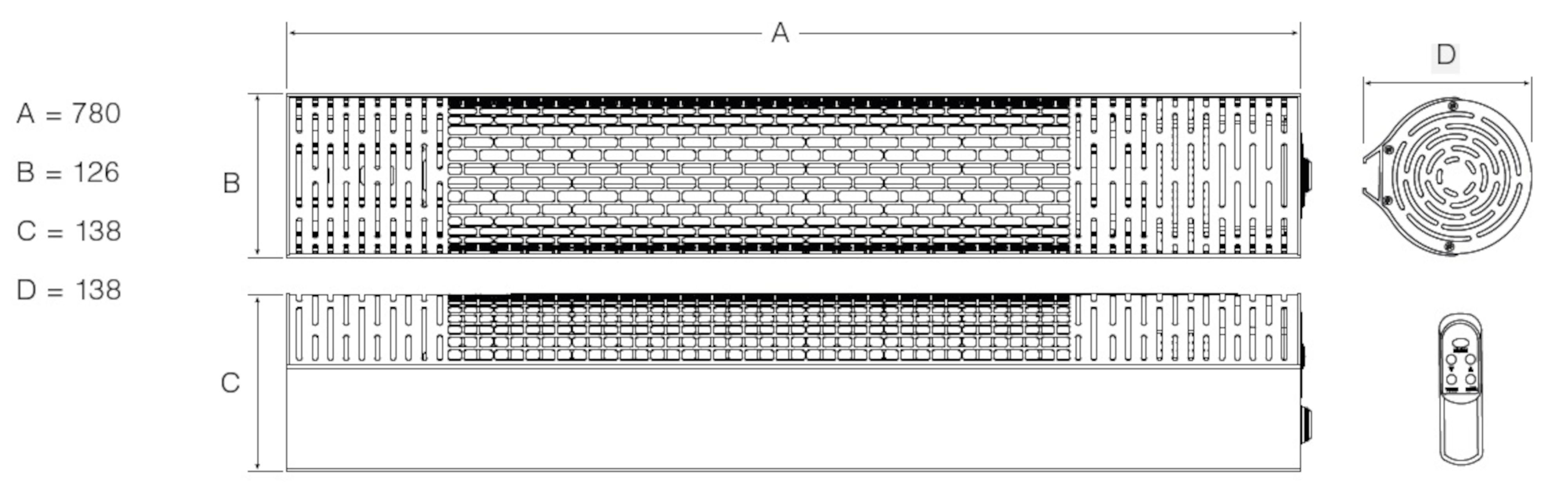 Diagramm von zwei rechteckigen Lüftungsgeräten mit Abmessungen und einer Fernbedienung.