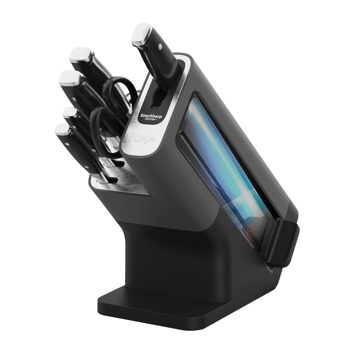 Bloque de cuchillos negro con un juego de cuchillos. El bloque tiene un sistema StaySharp y un frente reflectante.