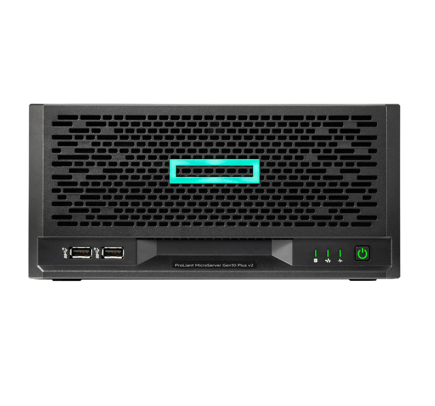 Server nero con pannello frontale a rete. Luce verde accesa.