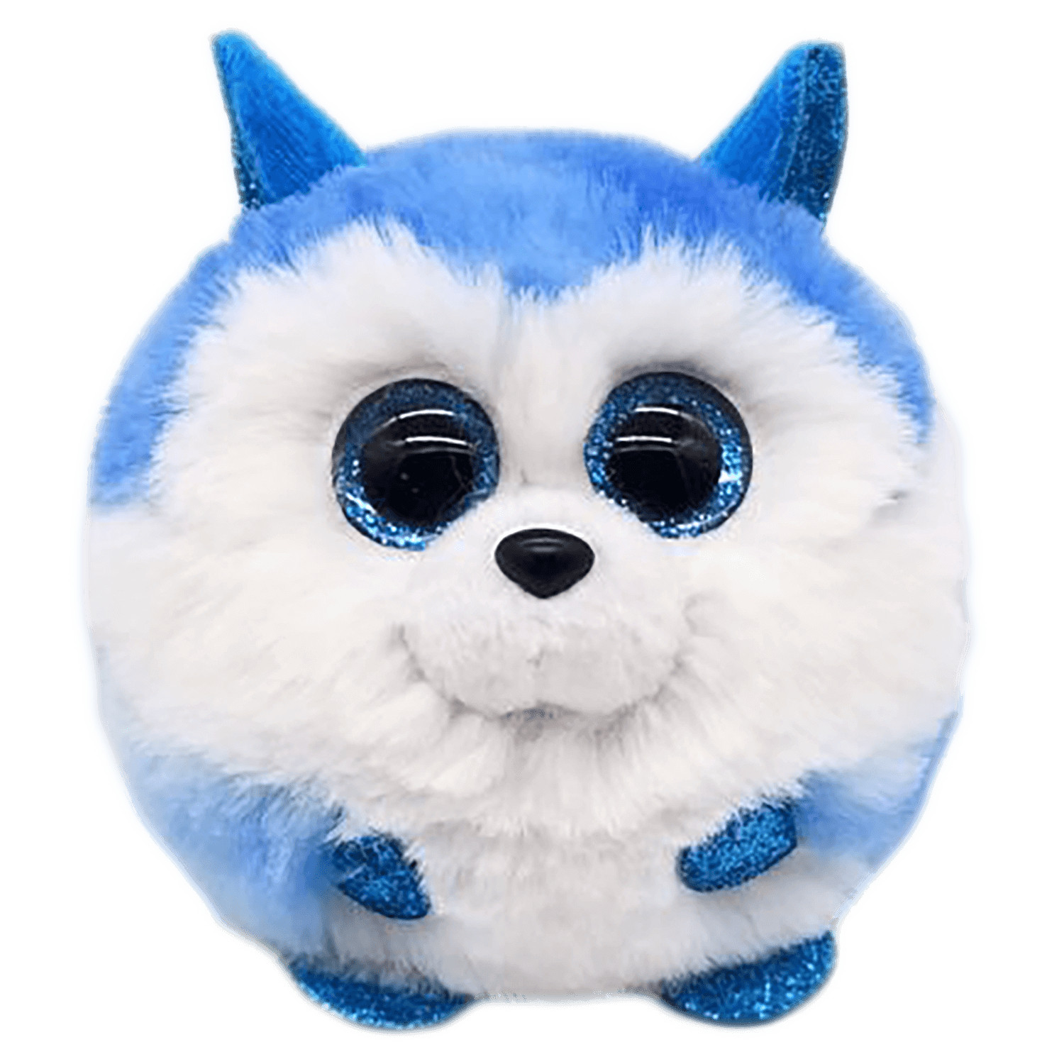 Ein flauschiges blau-weißes Stofftier in Form eines Huskys mit großen blauen Glitzeraugen.