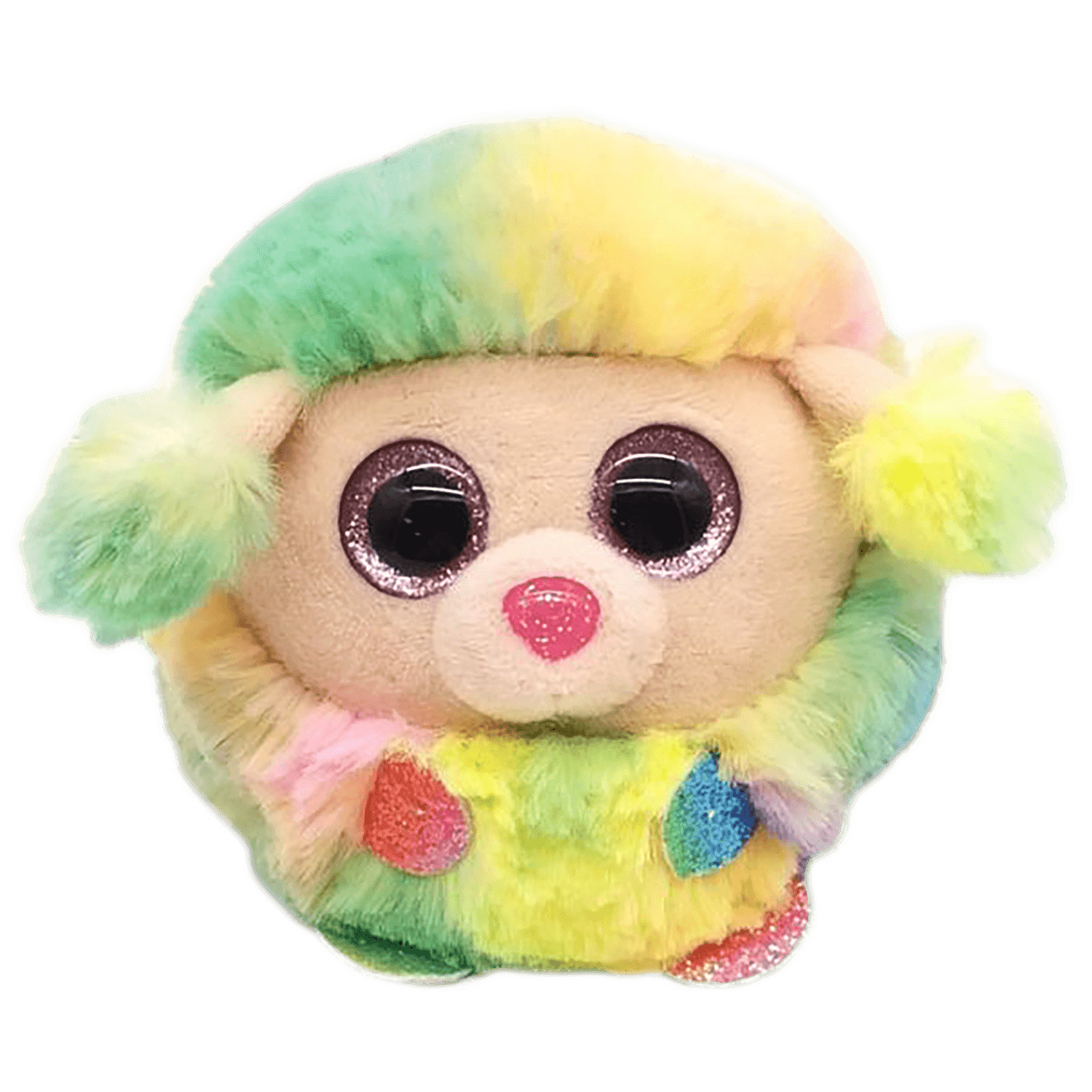 Ein Plüschtier eines Hundes mit Regenbogenfell. Es hat große Augen und eine rosa Nase.