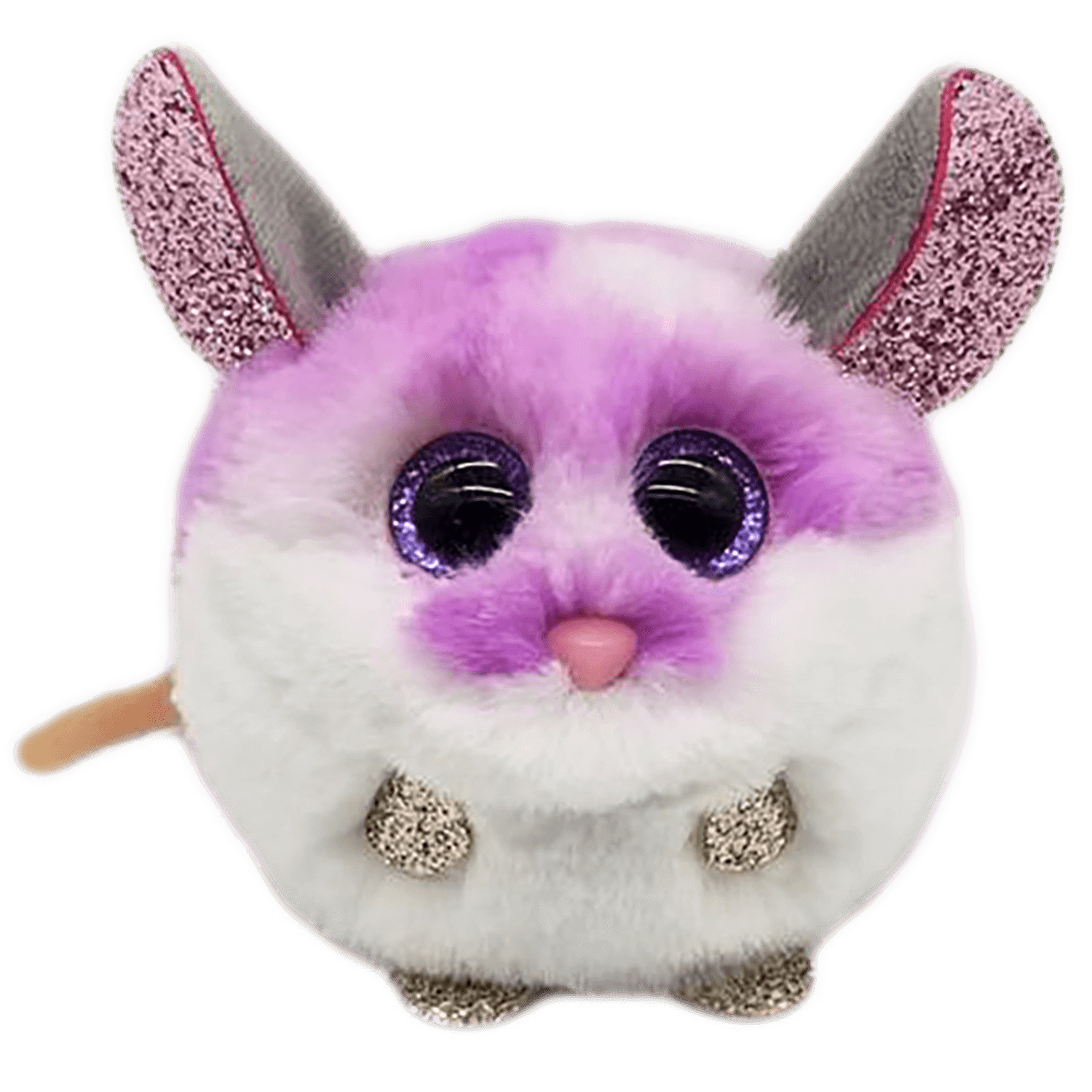 Ein Plüschtierhamster mit lila und weißem Fell und Glitzerohren.