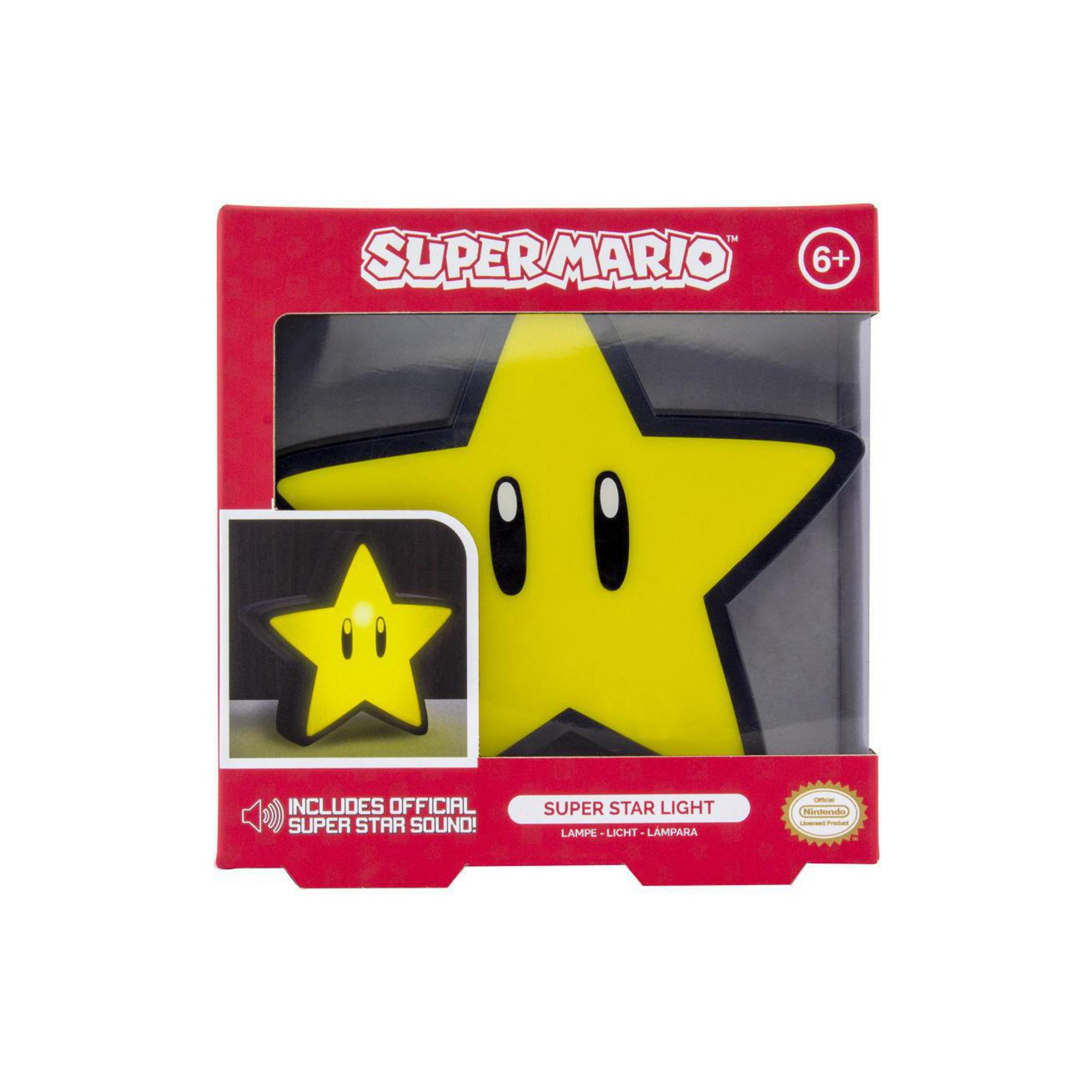 Super Mario Super Star Light w pudełku. Żółta gwiazda z oczami, twarzą i logo Super Mario.