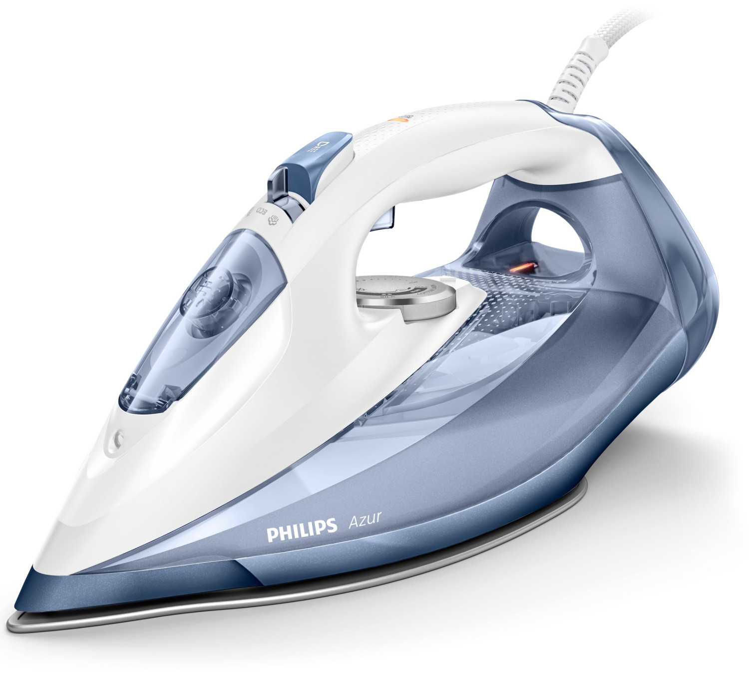 Ferro da stiro blu e bianco. Modello Philips Azur. Manico bianco, dettagli blu.