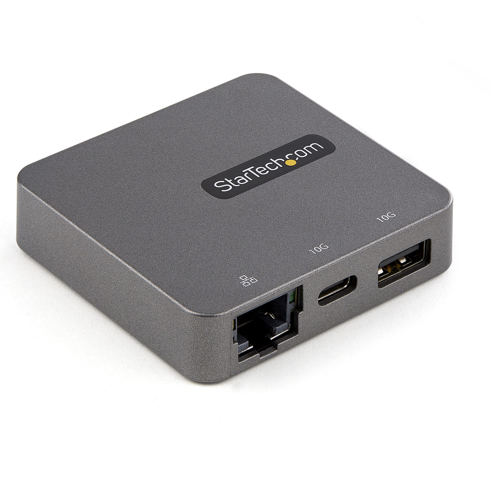 Un adaptador gris StarTech.com con múltiples puertos. Incluye puertos Ethernet, USB y USB-C.