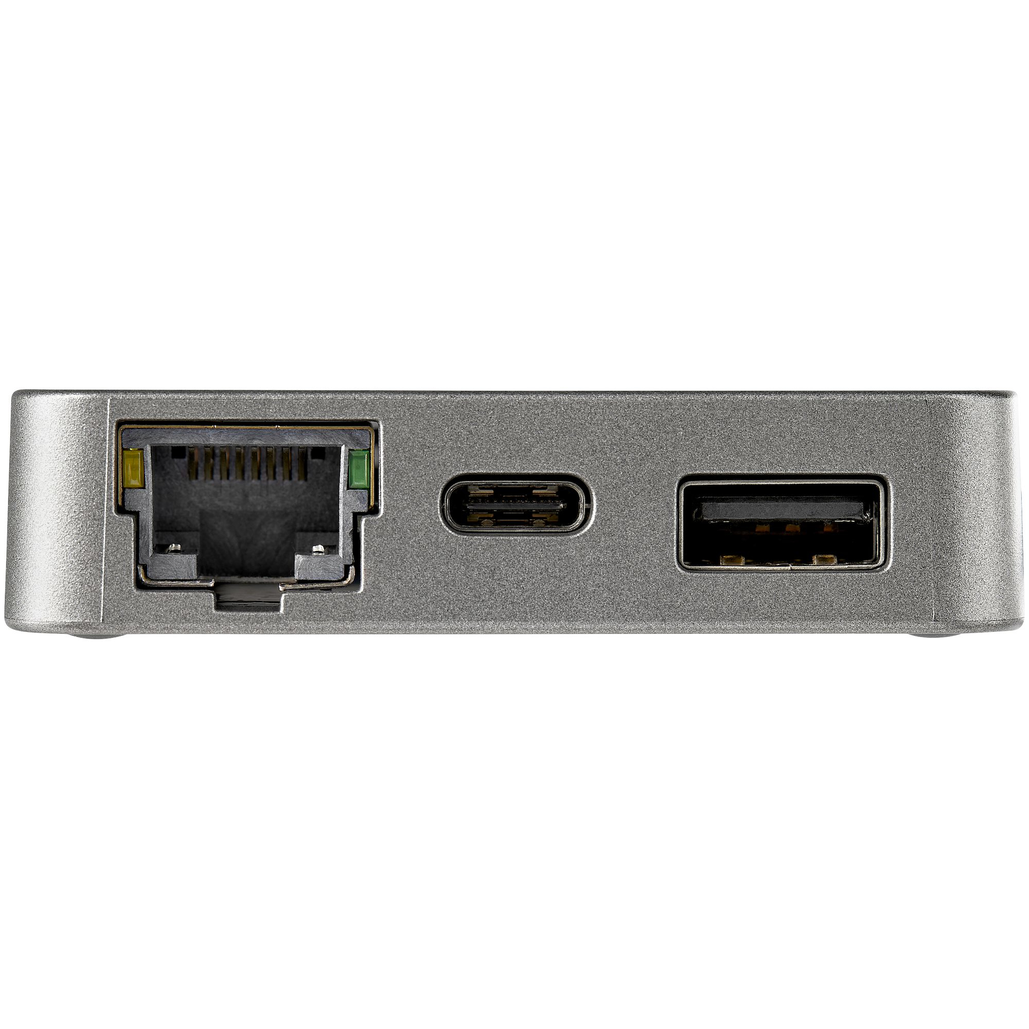 Adaptador plateado con puerto Ethernet, USB-C y USB-A.