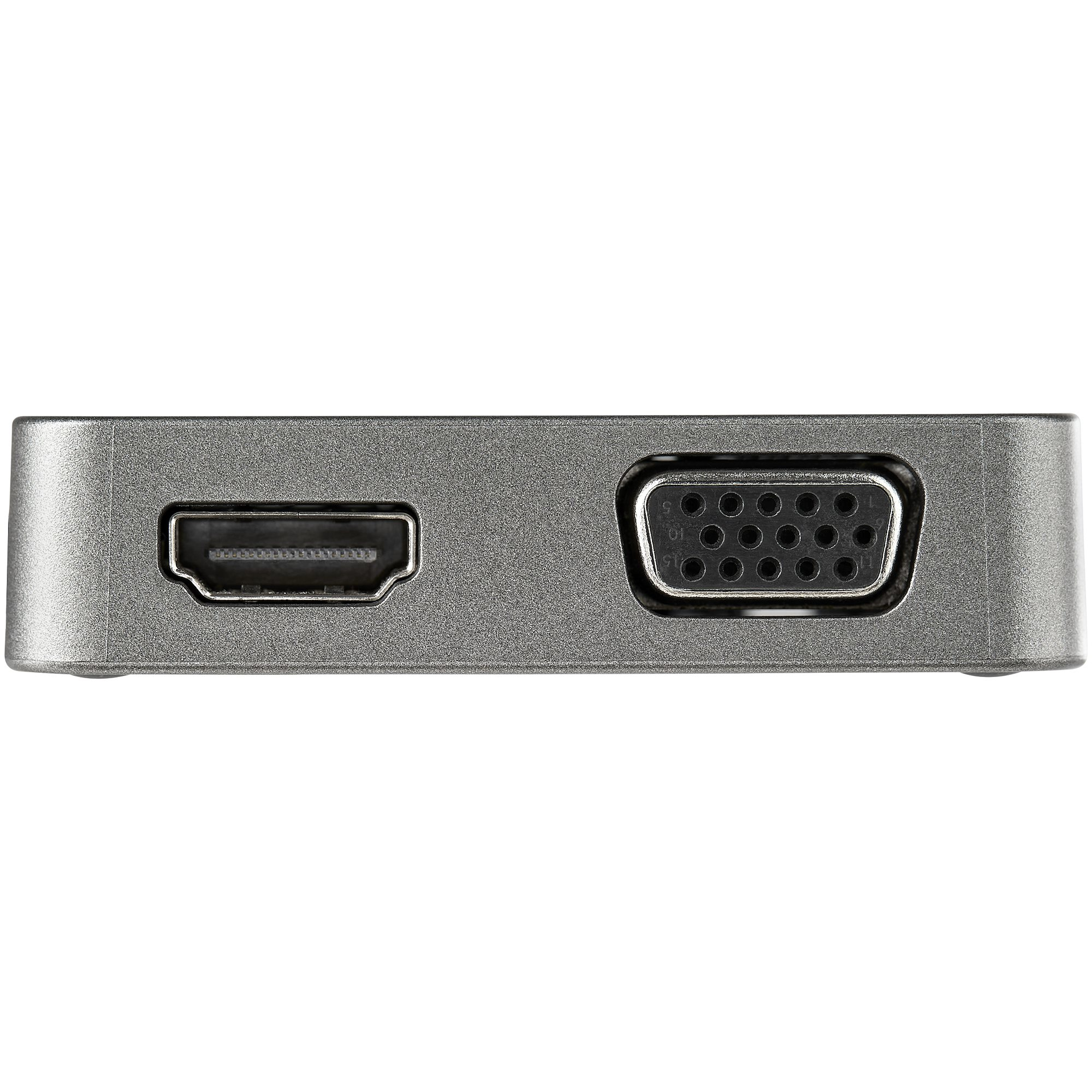 Un adaptador HDMI/VGA gris que muestra puertos HDMI y VGA, sobre un fondo blanco.