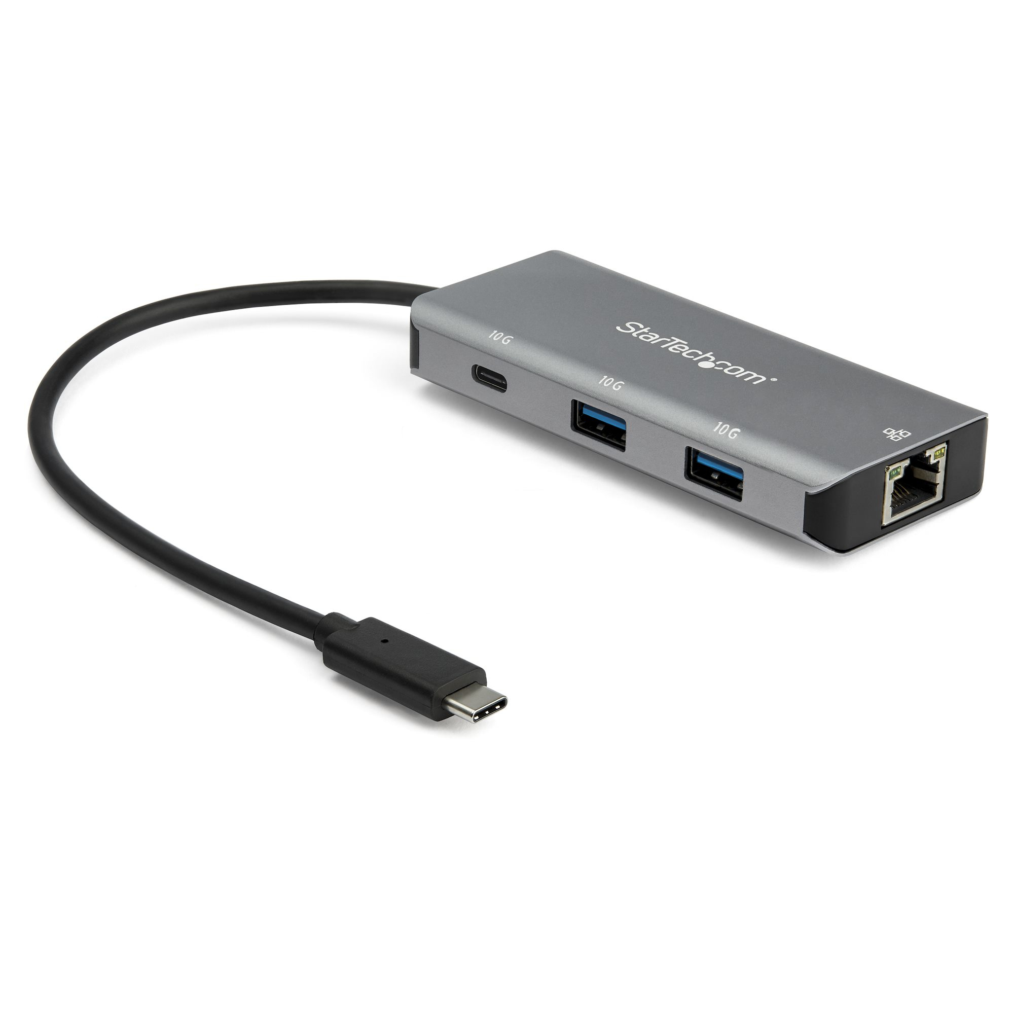 Ein grauer StarTech USB-C-Hub mit mehreren Anschlüssen, einschließlich USB und Ethernet, mit einem schwarzen Kabel.