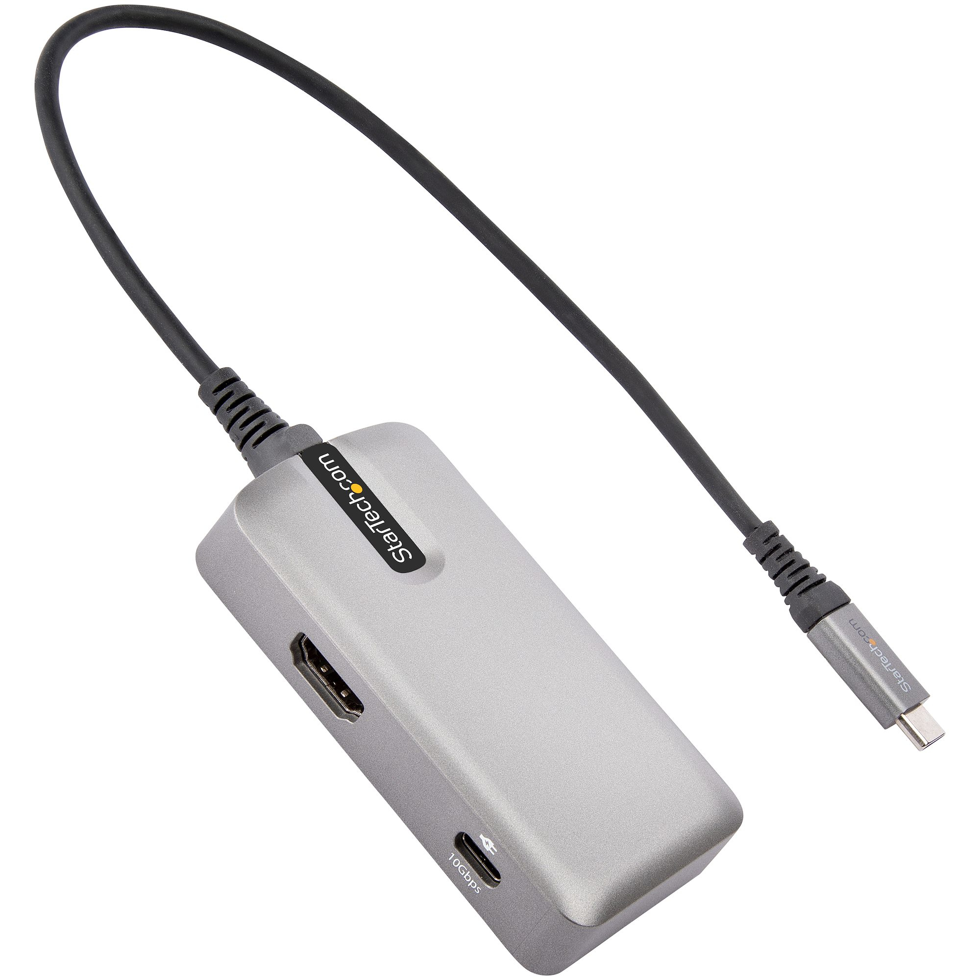 Adaptador StarTech gris con puertos HDMI, USB-C y USB. El cable negro se extiende hacia la derecha.
