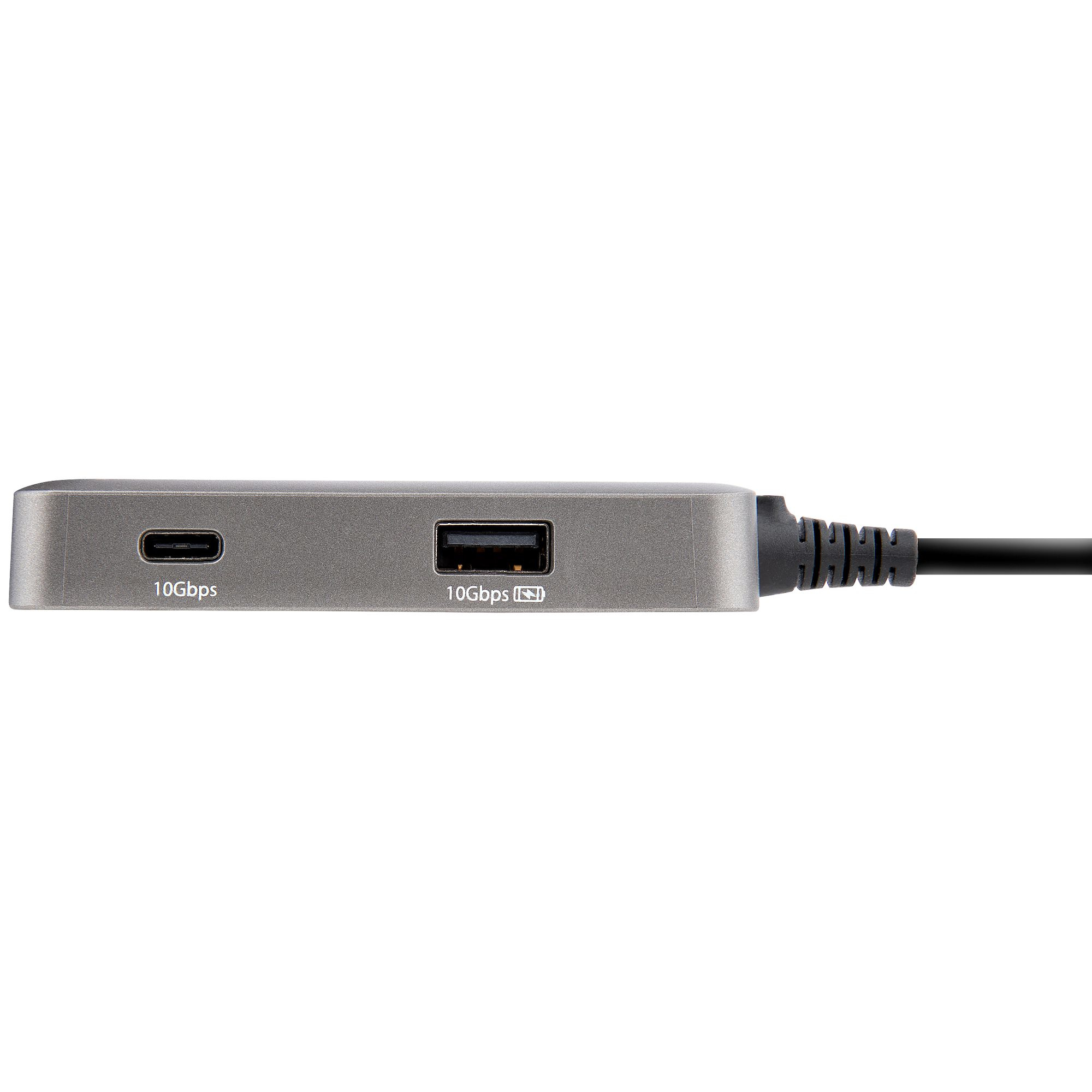 Un concentrador USB-C gris con un puerto USB y un puerto USB-C.
