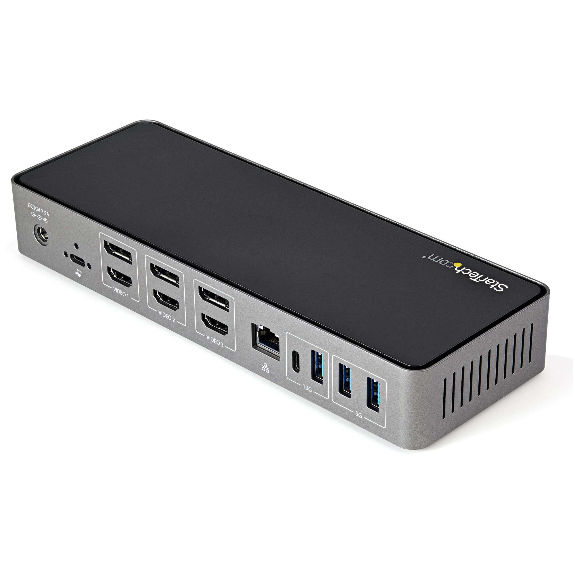 Hub grigio con più porte. HDMI, USB, ethernet e ingressi di alimentazione sono visibili.