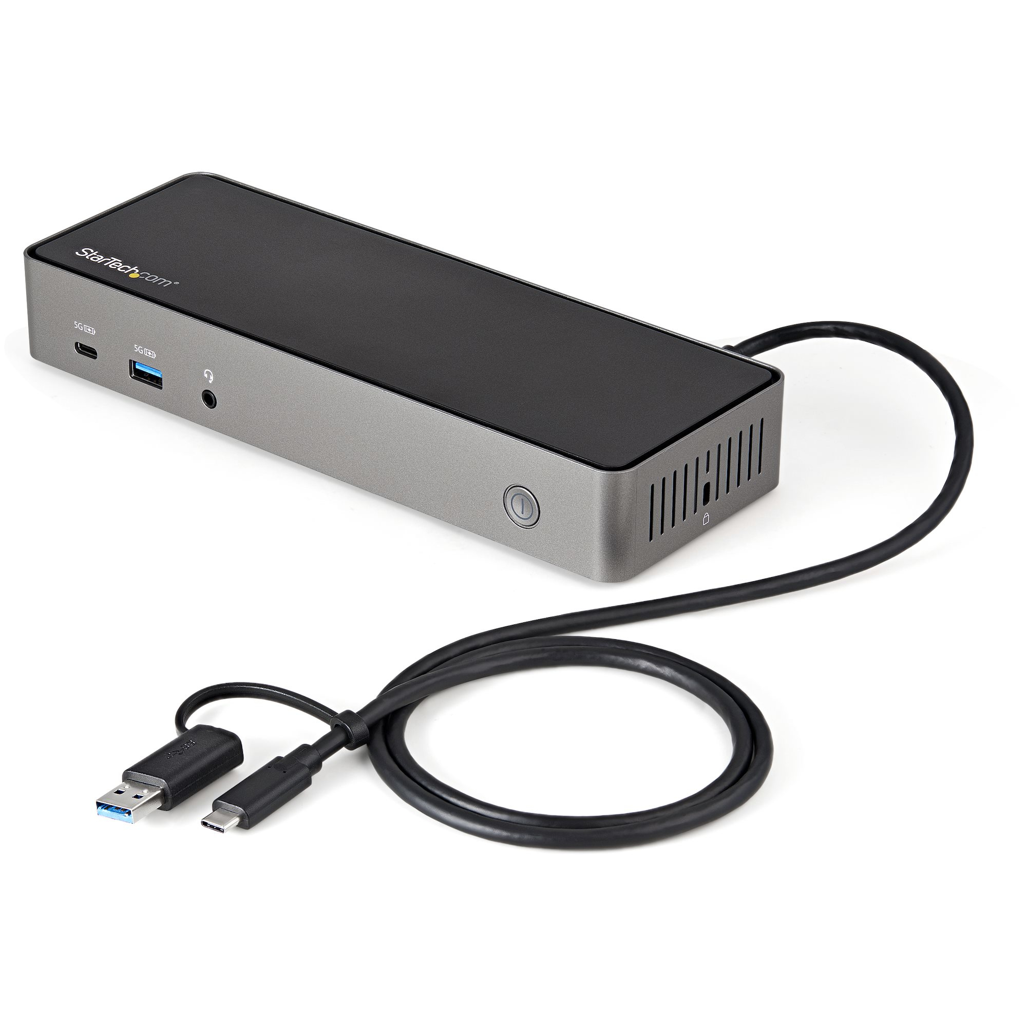 Docking station StarTech.com nera e grigia con porte USB e un cavo nero collegato a un adattatore USB e USB-C.