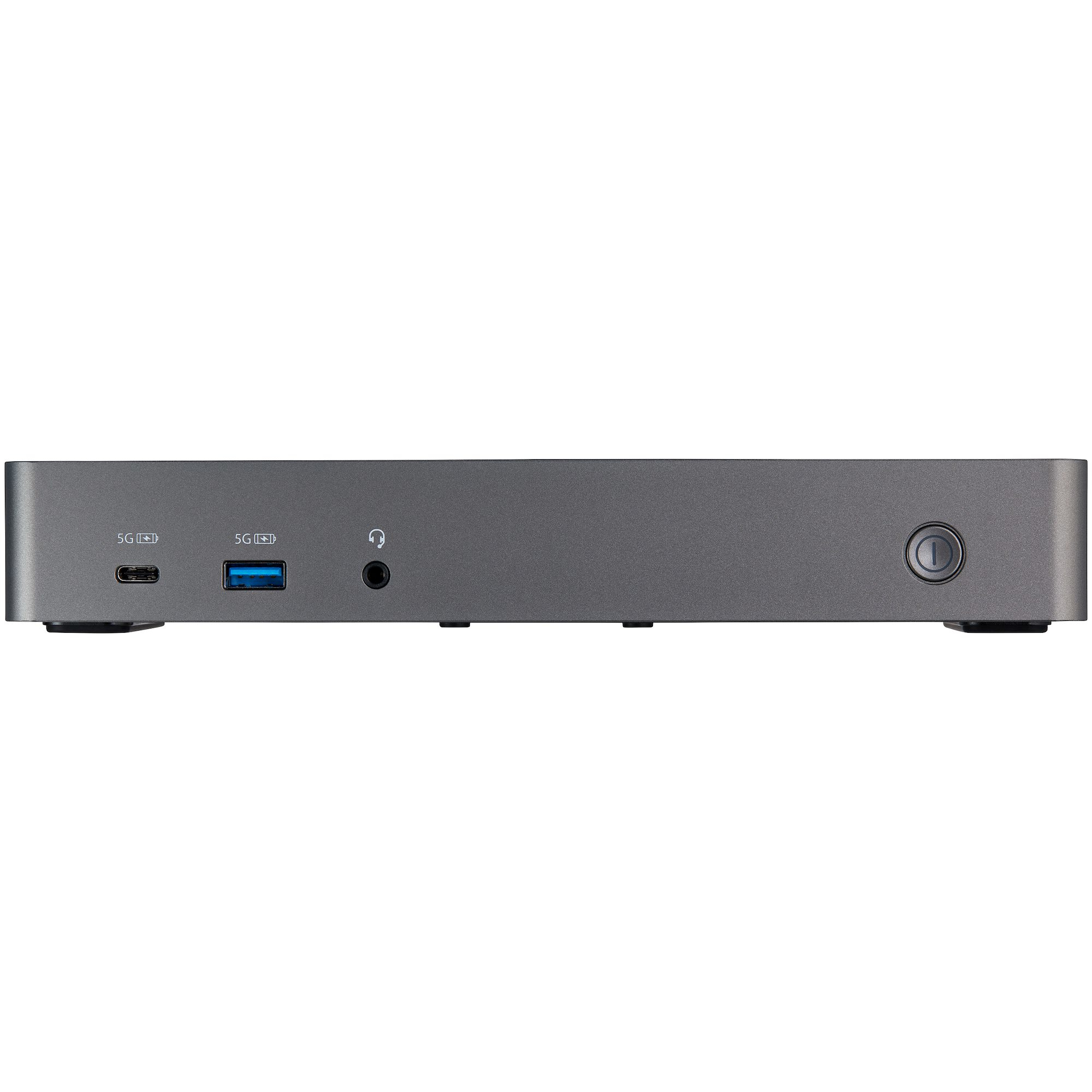 Docking station grigia con più porte. Include USB, USB-C e ingresso audio. Sfondo bianco.