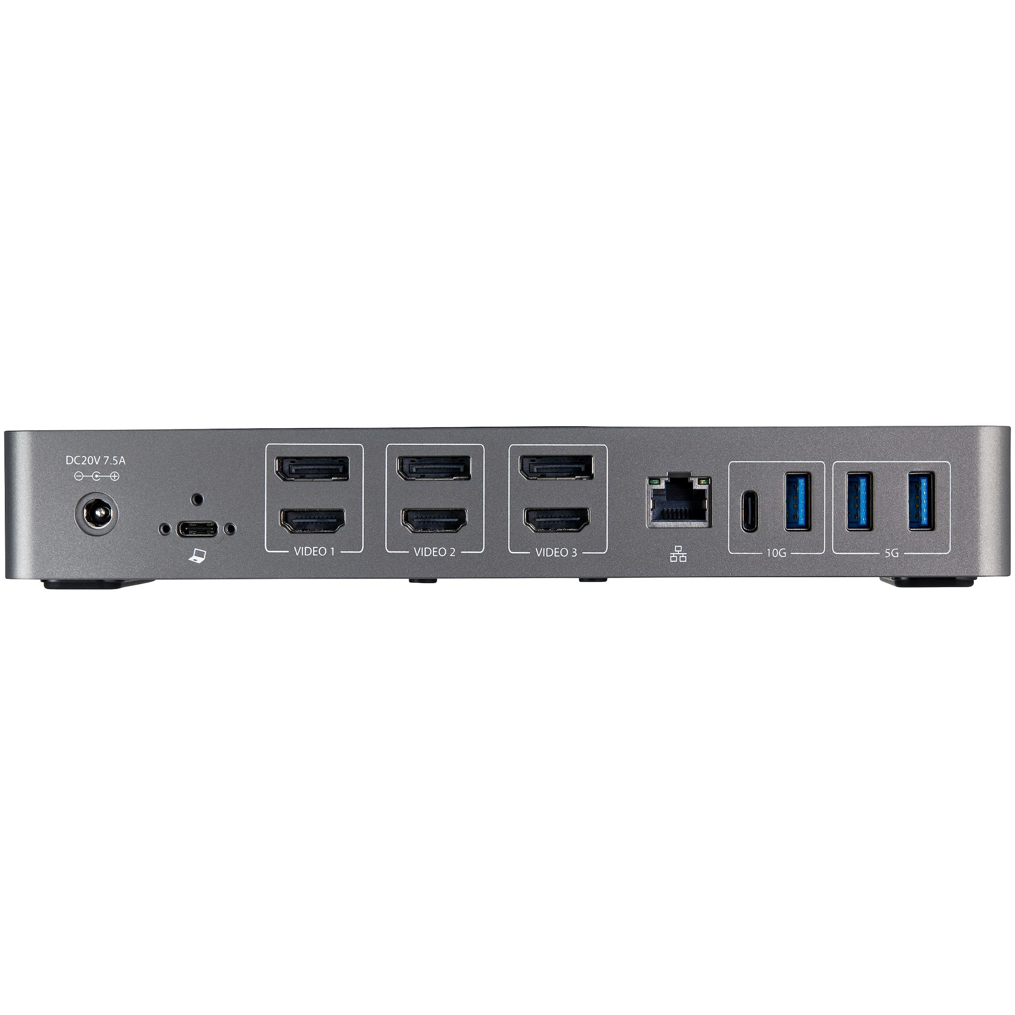 Dispositivo grigio con porte per video, USB ed Ethernet. Vista posteriore, sfondo bianco.