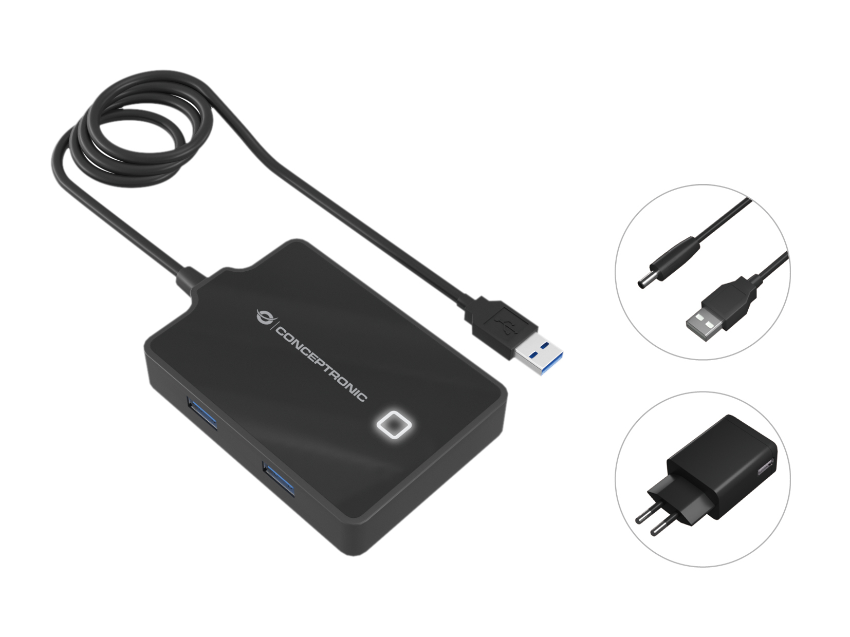 Hub USB nero con un adattatore di alimentazione e due connettori USB aggiuntivi.