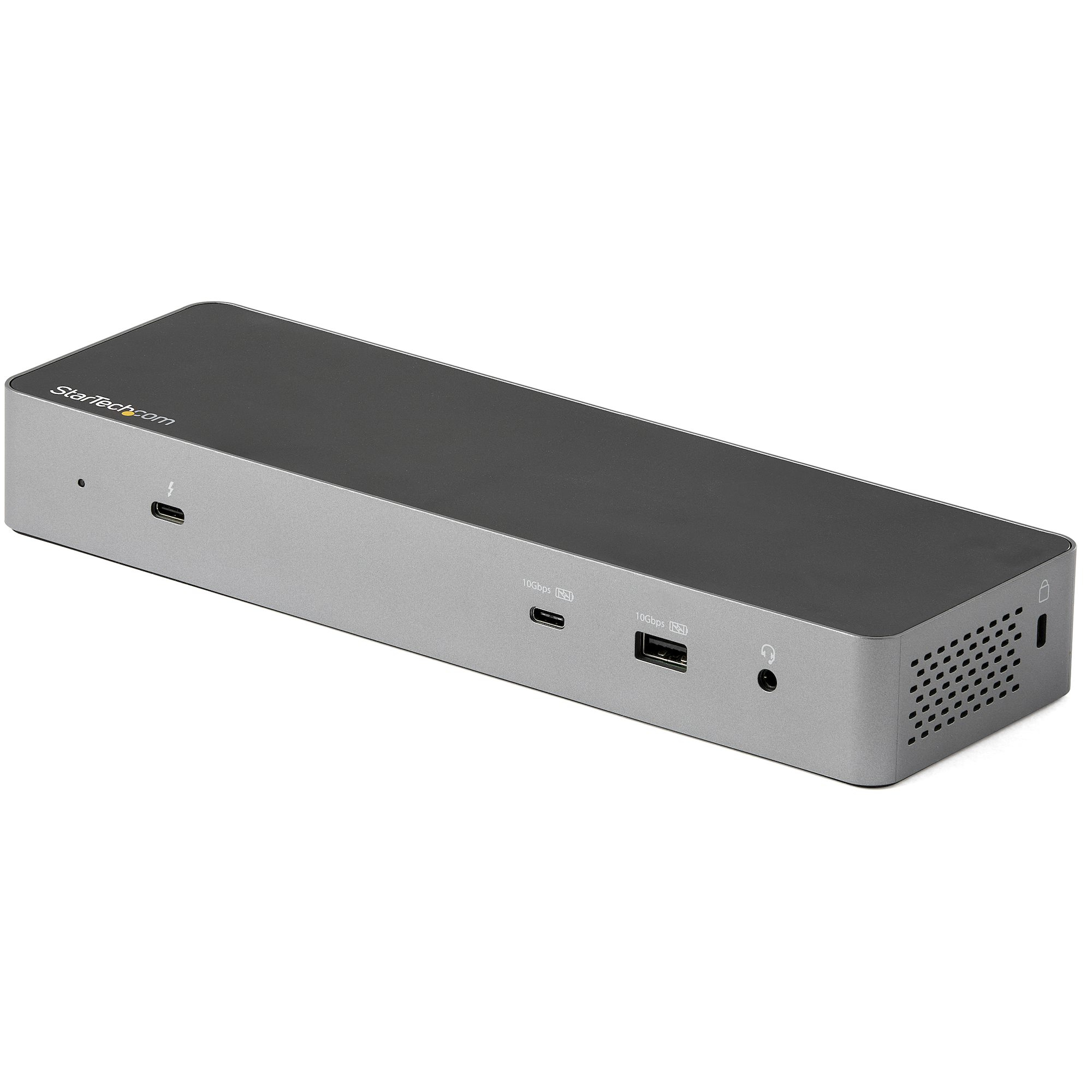 Una docking station argento e nera con varie porte.