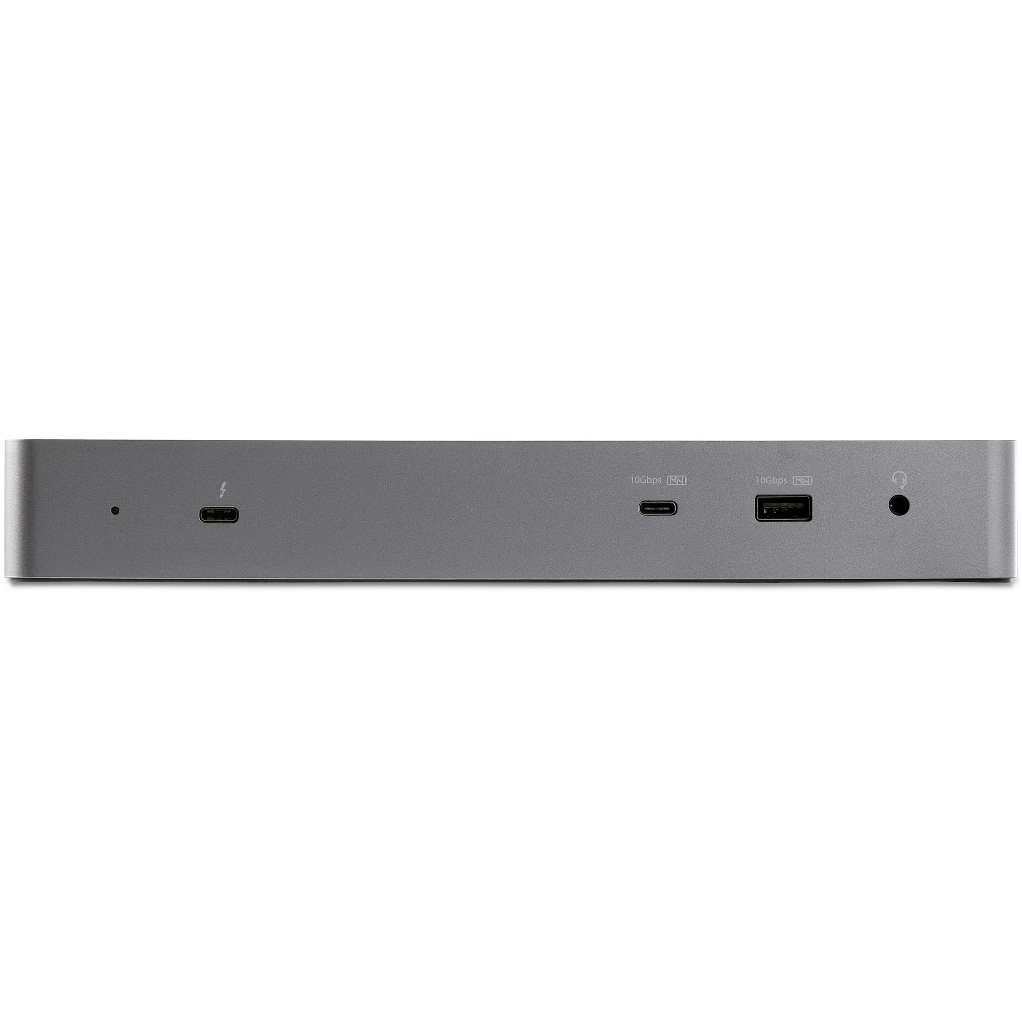 Una docking station rettangolare argentata con diverse porte.