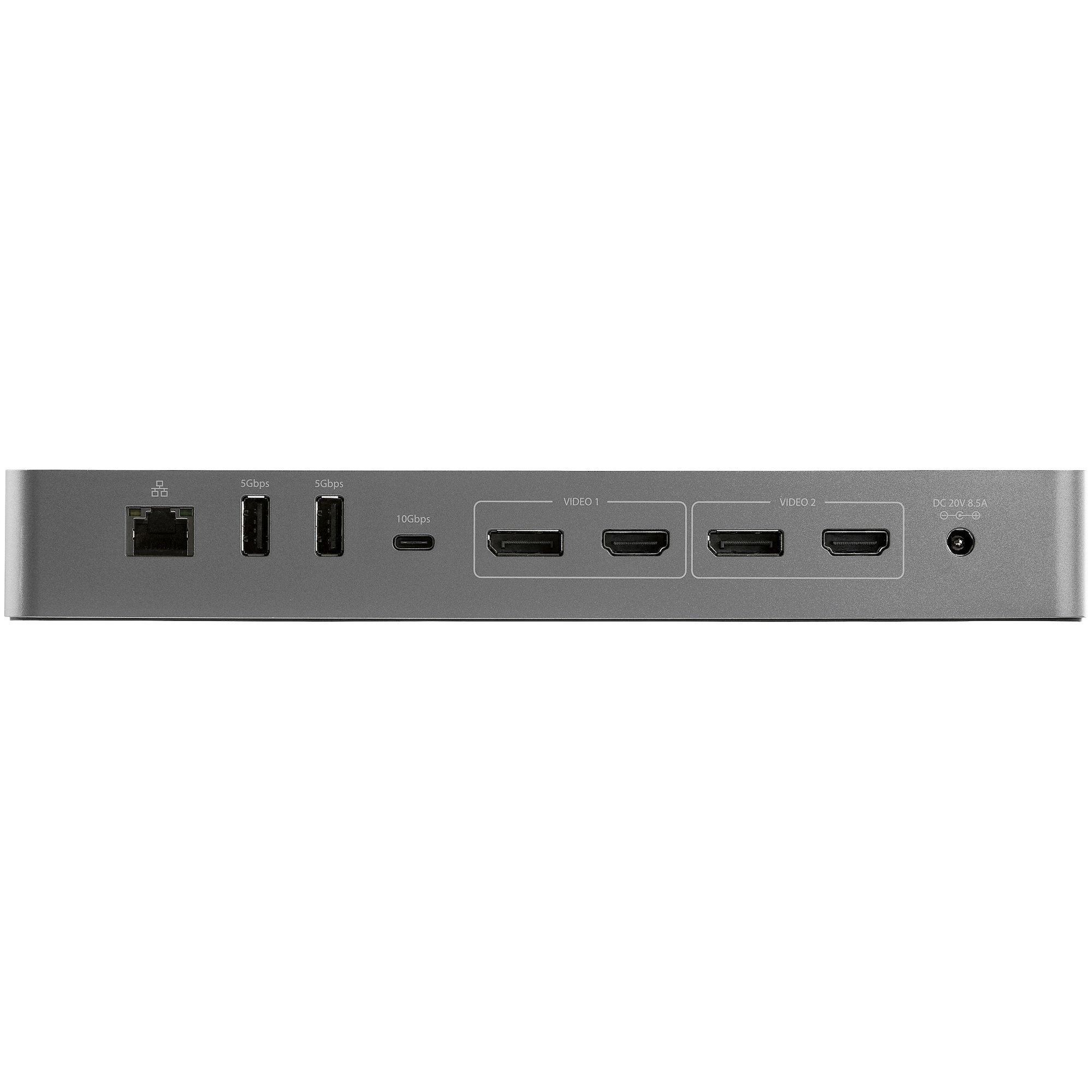 Una docking station argentata con porte USB, HDMI ed Ethernet su sfondo bianco.