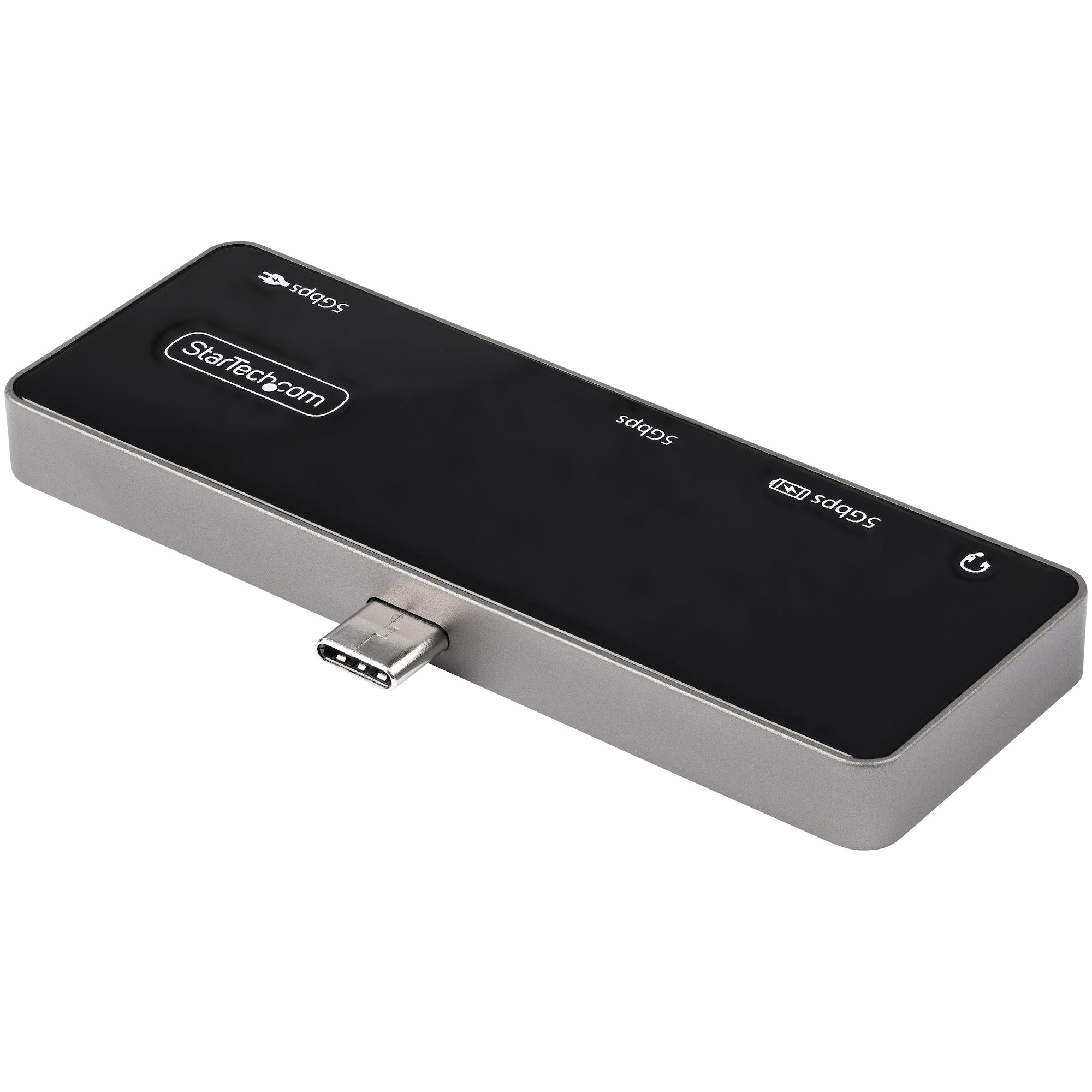 Grauer StarTech USB-C-Hub mit USB-Anschlüssen und einem USB-C-Anschluss. Schwarze Oberseite.
