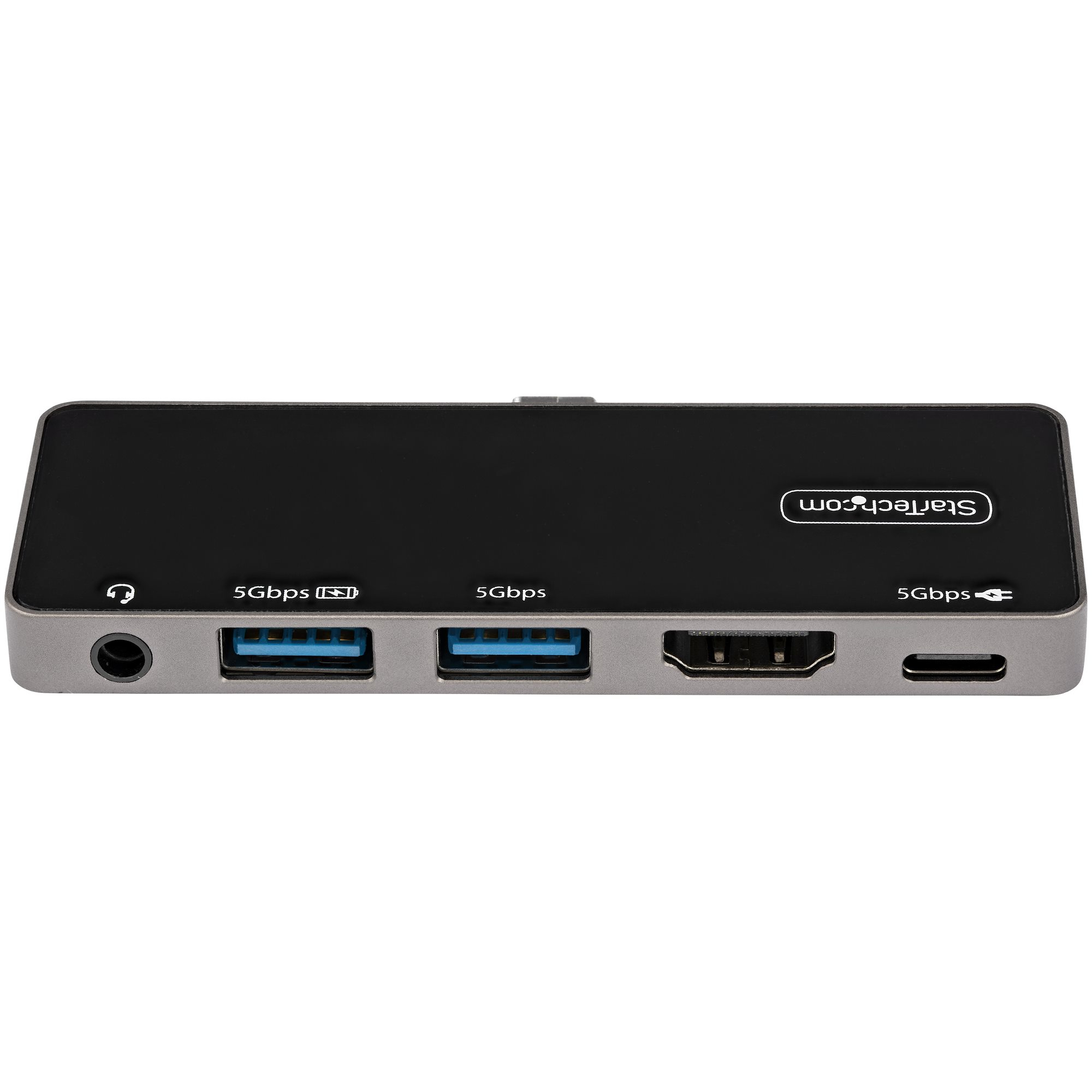 Ein schwarzer und grauer USB-Hub mit verschiedenen Anschlüssen auf weißem Hintergrund.
