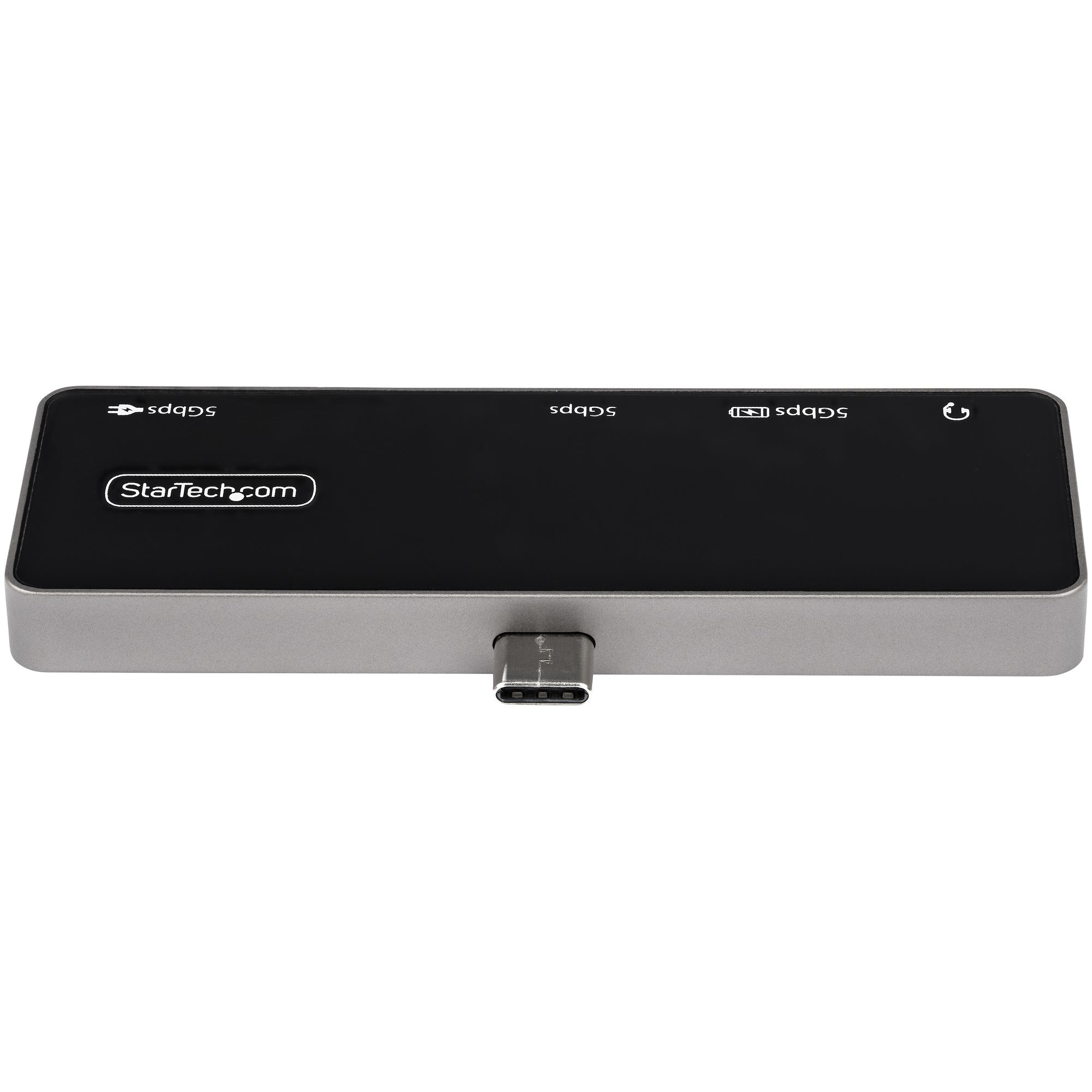 Grauer Hub mit USB-C, USB und Stromanschlüssen. Schwarze Oberseite. StarTech.com Logo.