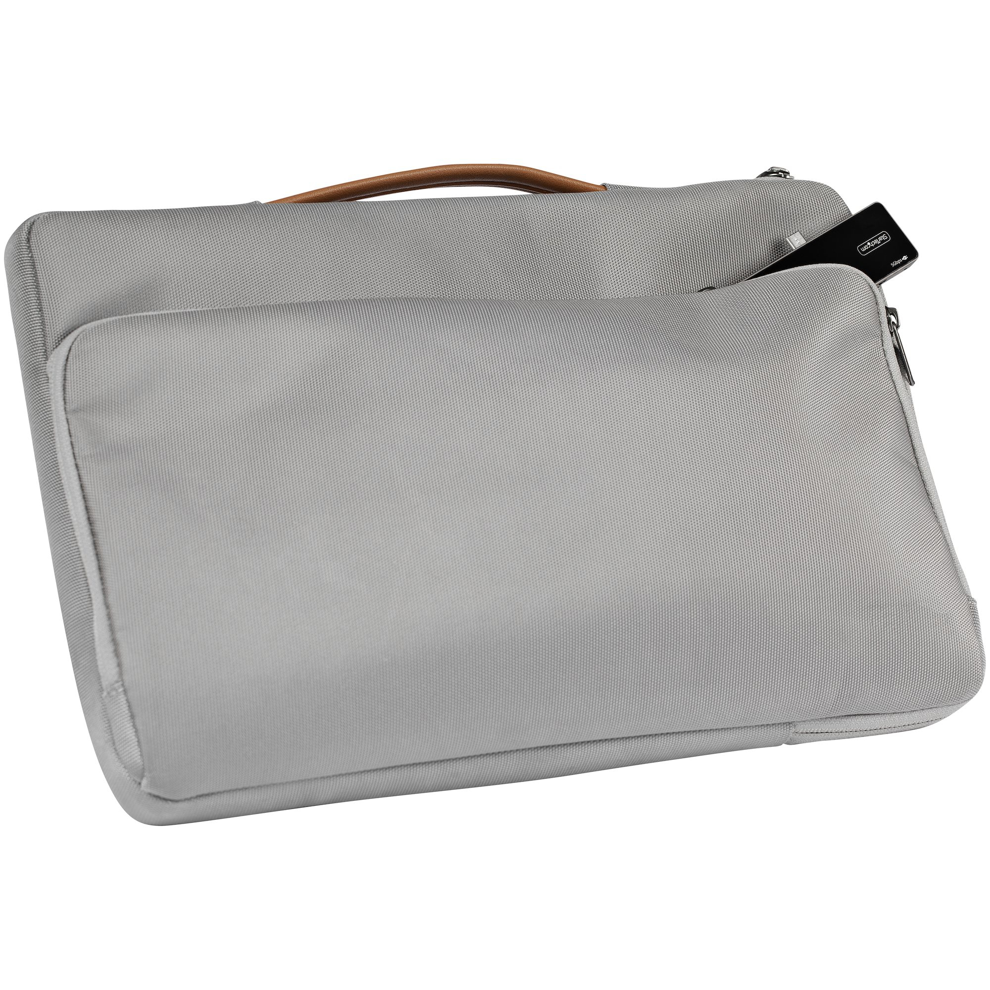 Graue Laptop-Hülle mit braunem Griff. Schwarze Karte ist in der Tasche sichtbar.