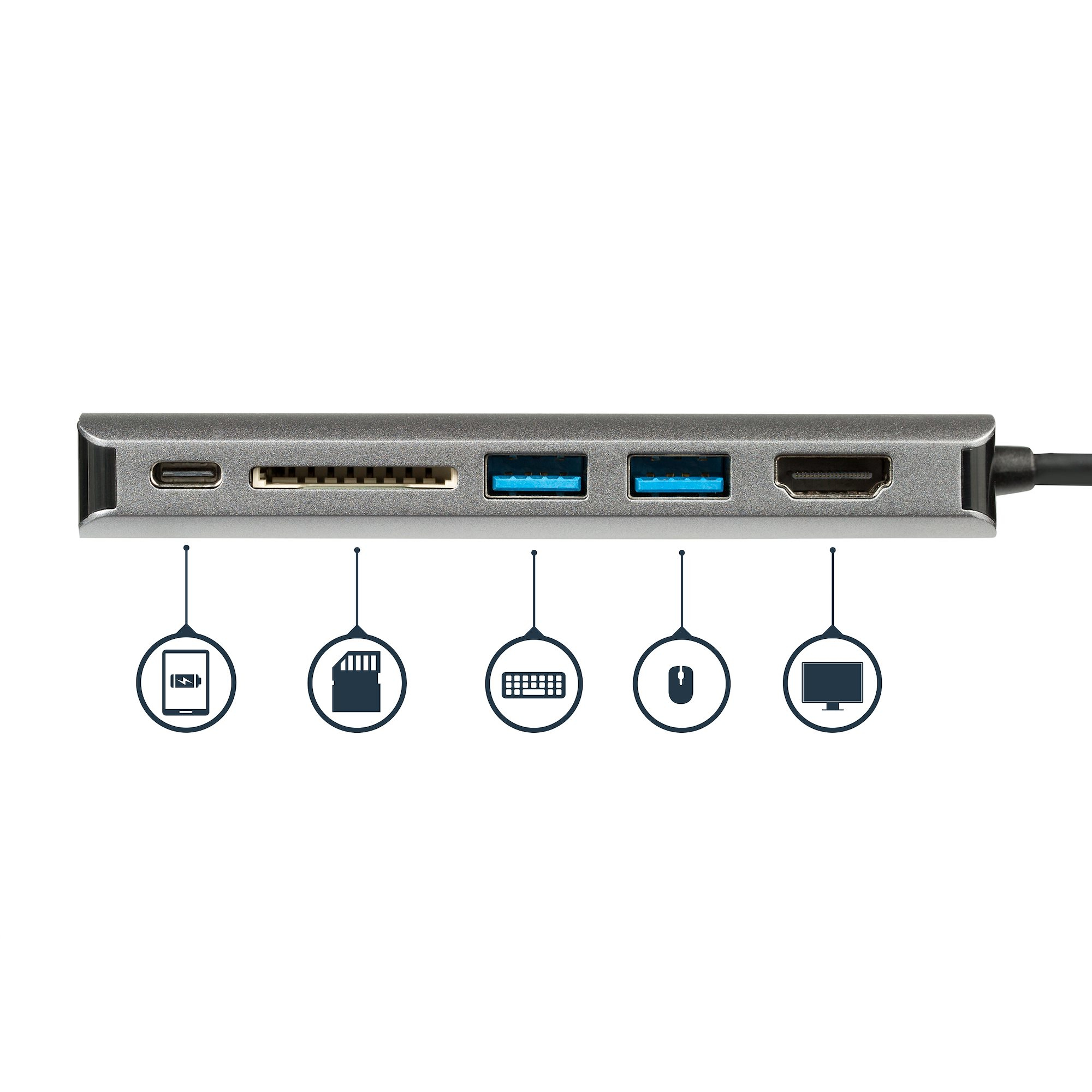 Hub argento con più porte e icone: SD, USB, HDMI e USB-C. Cavo nero collegato.