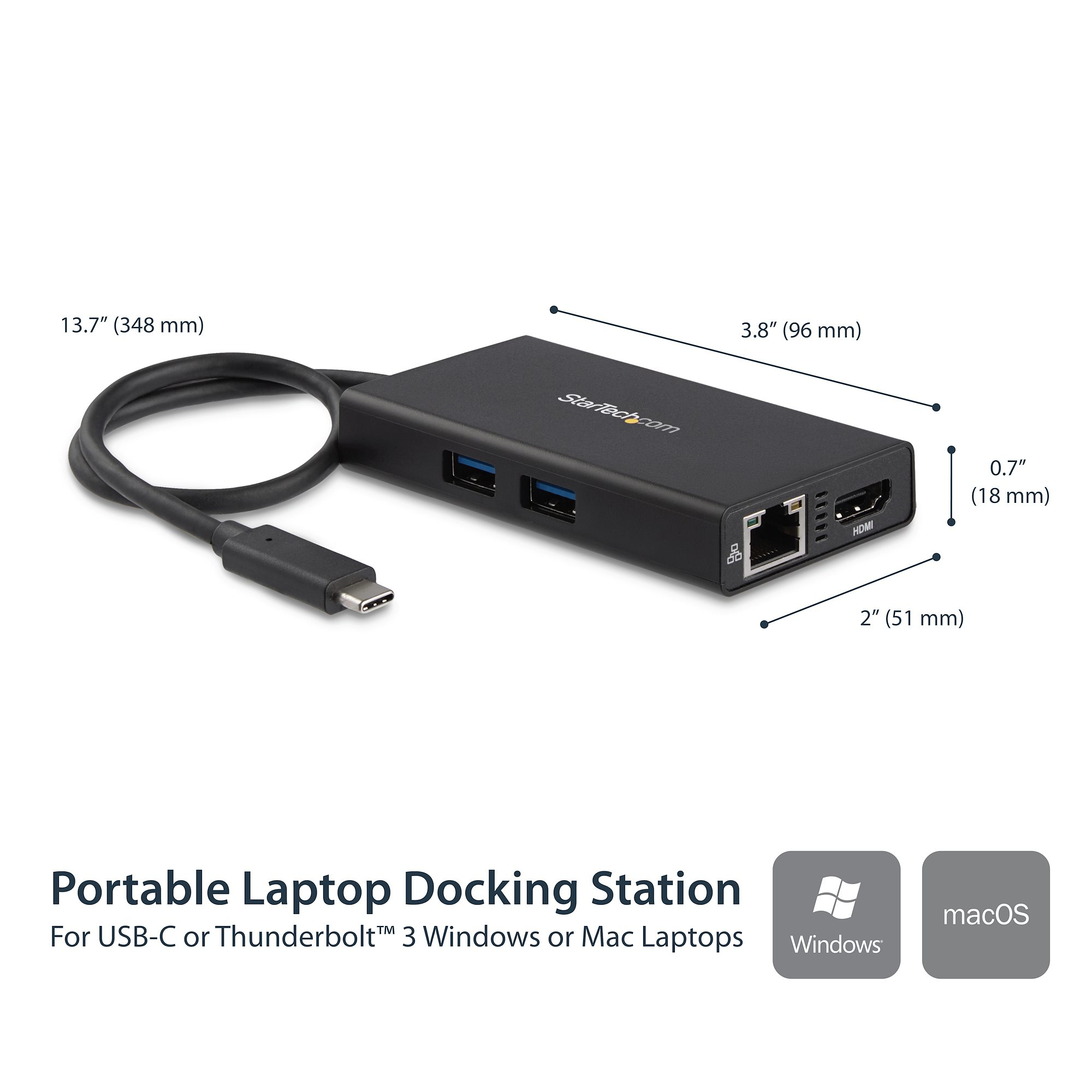 Stazione di docking nera con USB, HDMI e cavo USB-C.