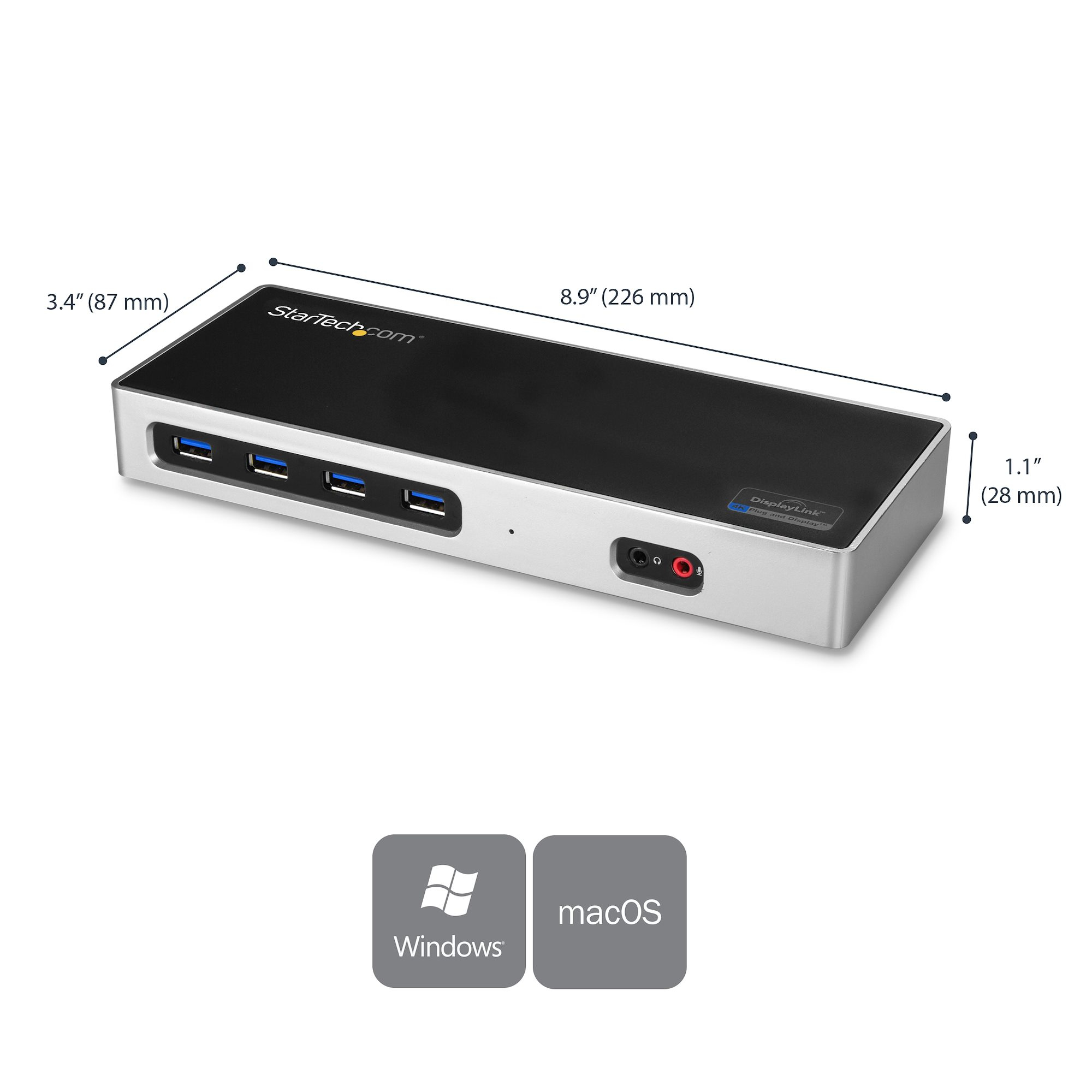 Base de conexión StarTech.com negra y plateada. Tiene puertos USB, conector para auriculares y se proporcionan dimensiones.