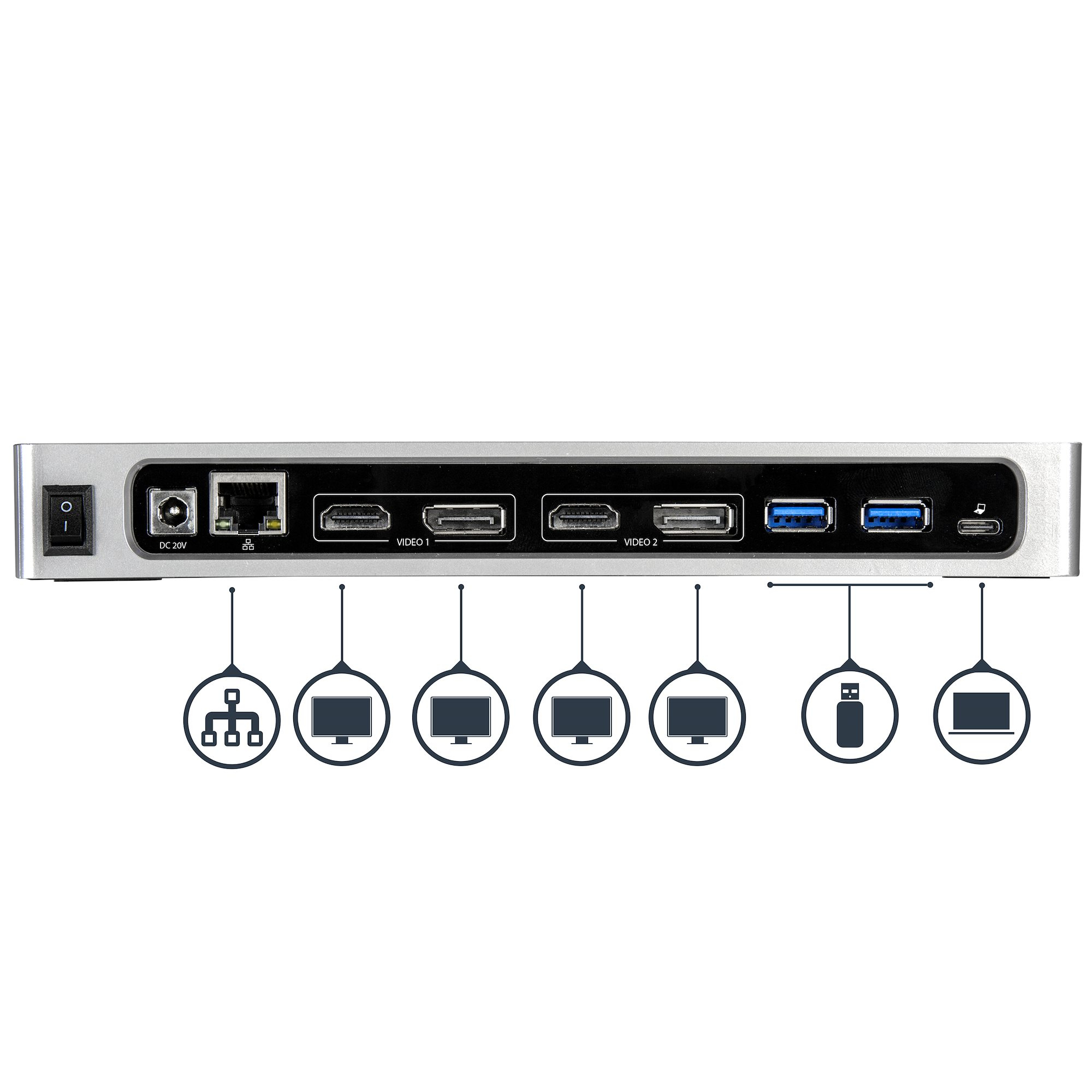 Un dispositivo plateado con varios puertos e iconos. Tiene un botón de encendido y múltiples puertos.